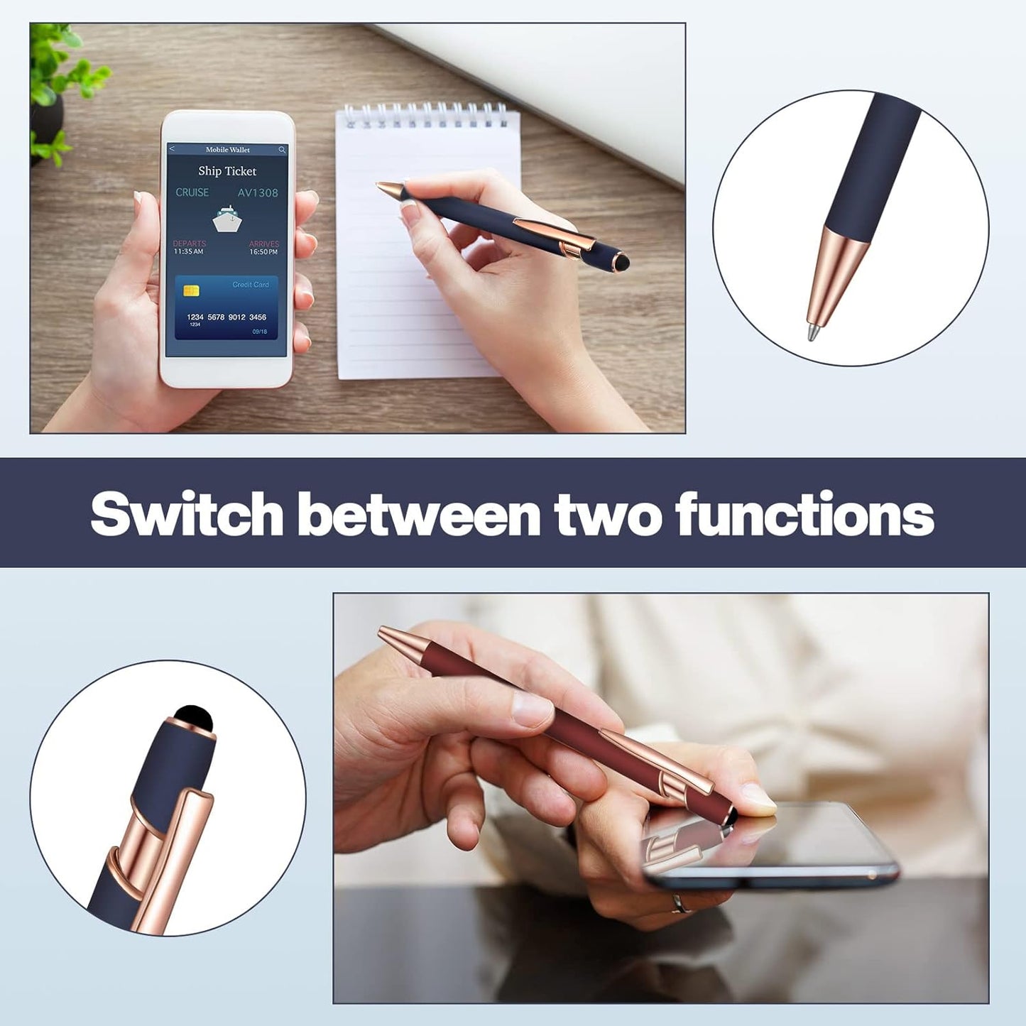 8 Pieces Ballpoint Pen with Stylus Tip Black Ink 2 in 1 Stylus Metal 1.0 mm Medium Point Smooth Pen Rainbow Colorful Rubberized Ballpoint for Touch Screen Tablet(Red, Green, Navy, Black)