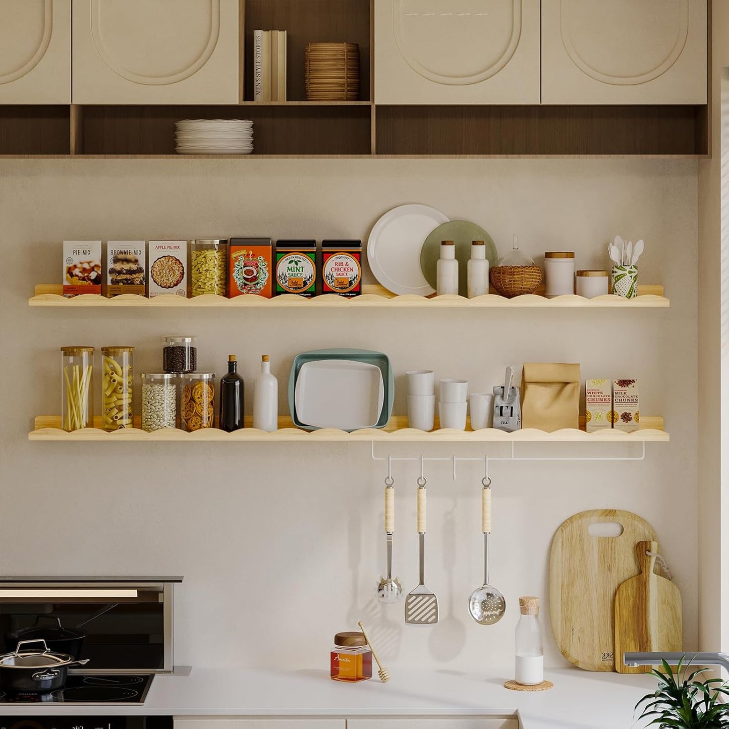 Fixwal Nursery Shelves, 24 Inch Floating Bookshelves for Wall Set of 4, Scalloped Wall Book Shelves with Towel Rack for Kids, Toddler Room, Baby Room, Nursery Decor and Storage(Natural Wood)