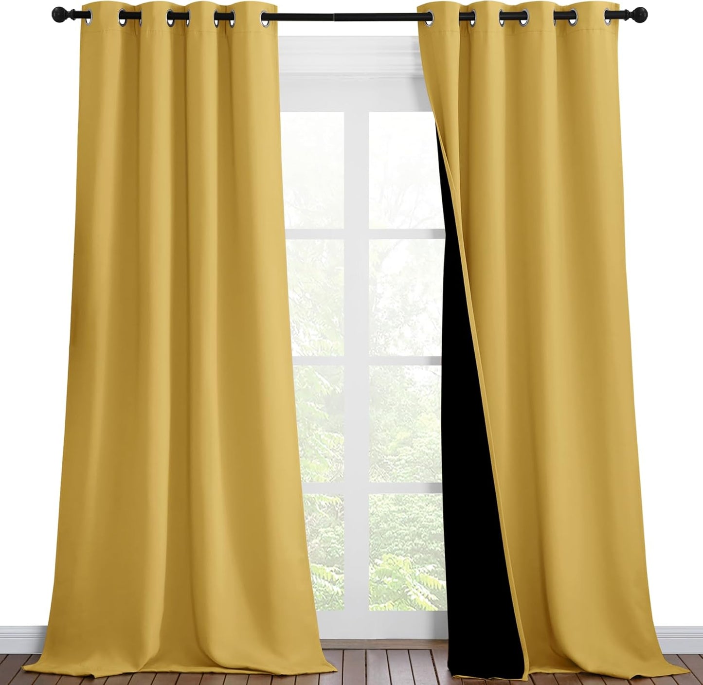NICETOWN 100% Blackout Blinds, Set of 2, 46 inches x 102 inches, Laundry Room Decor Window Treatment Curtains for Large Patio Sliding Door, Thermal Insulated Bright Yellow Curtains for Bedroom