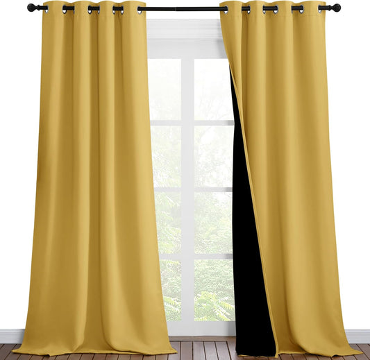 NICETOWN 100% Blackout Blinds, Set of 2, 46 inches x 102 inches, Laundry Room Decor Window Treatment Curtains for Large Patio Sliding Door, Thermal Insulated Bright Yellow Curtains for Bedroom