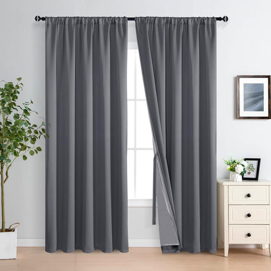 XWZO Dark Grey Blackout Curtains 84 Inches Long with Tiebacks- Full Light Blocking & Energy Efficiency Window Draperies with Black Liner for Bedroom/Living Room, Rod Pocket, W70 x L84, Set of 2