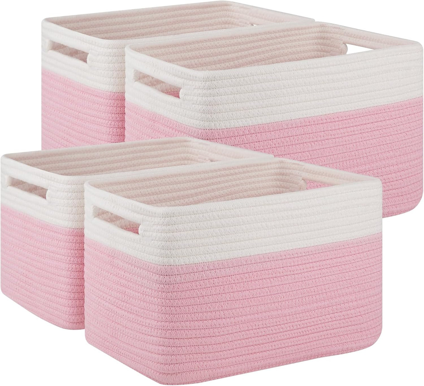 4 Pack Storage Baskets for Organizing, Woven Baskets for Shelves - Perfect for Toys, Books, Towels, and Clothes, Durable Gift Basket Bins Toy Storage, 12.7''Lx9''Wx7.8''H, Pink & White