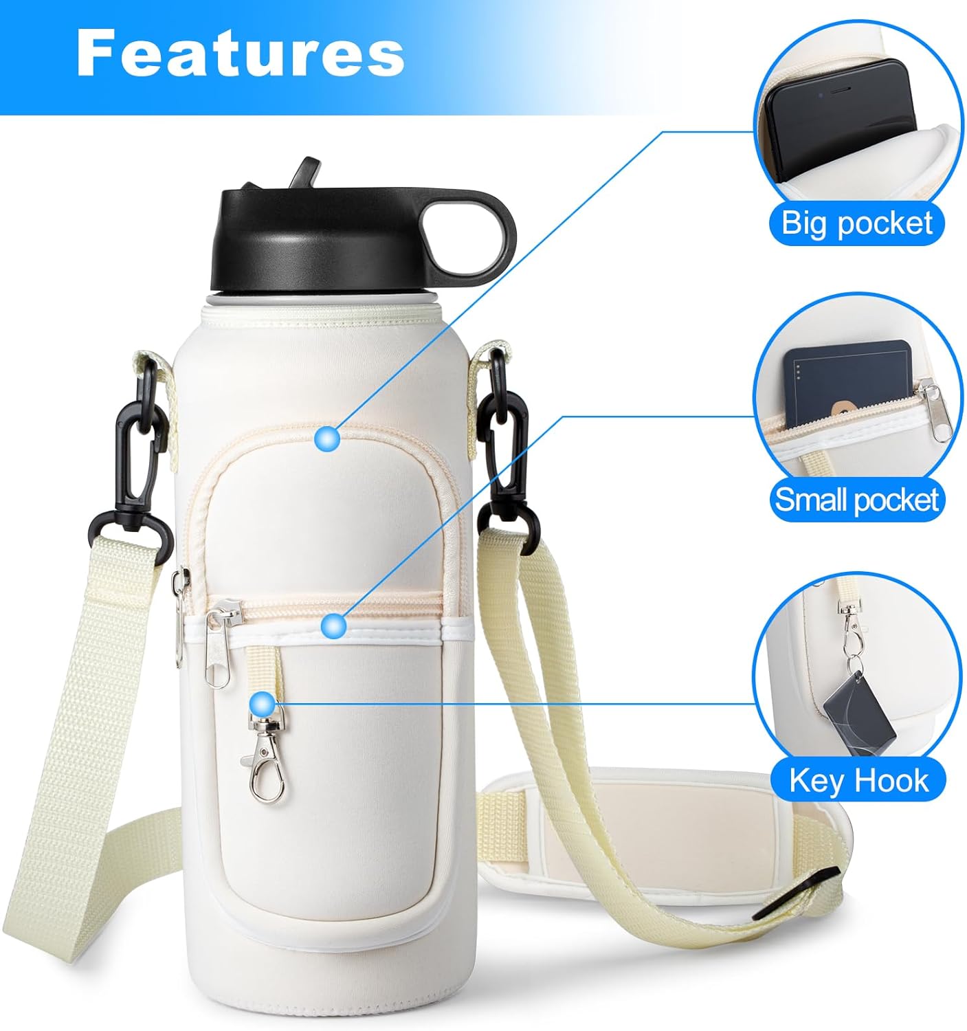 Water Bottle Holder with Strap for Hydroflask 32oz 40oz, Carrier Sling Bag with Phone Pocket Sleeve for Men Women Hiking Camping Travelling（Cream40oz）