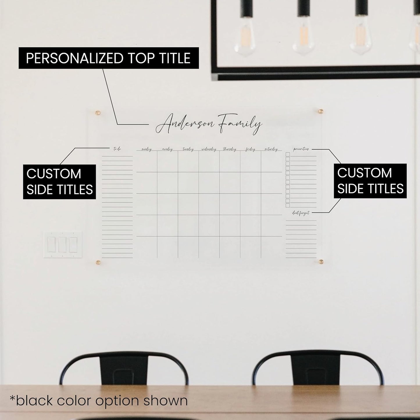 Personalized Clear Acrylic Calendar for Wall, Calendar Whiteboard for Wall, Dry Erase Wall Calendar, Wall Calendar Organizer System for Home (Cursive, Navy, 31"W x 23"H)