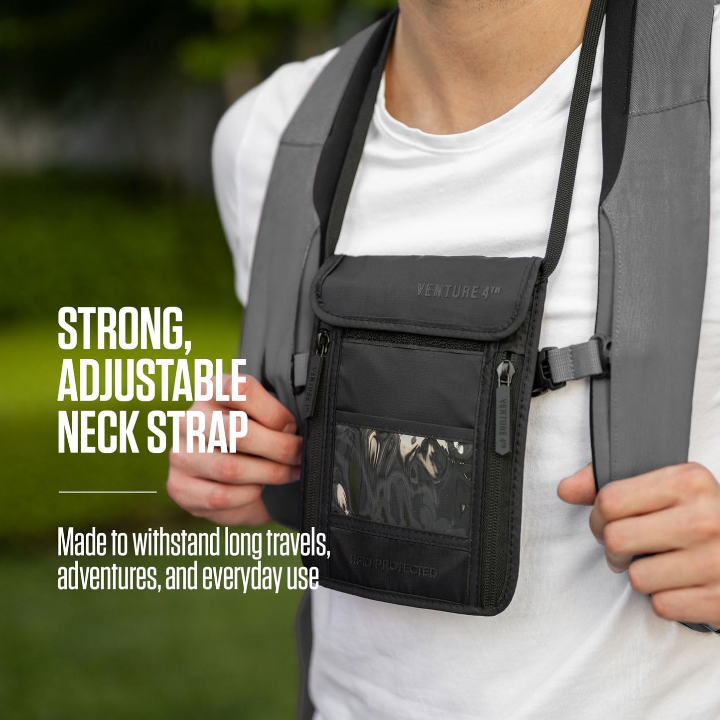 VENTURE 4TH Passport Holder Neck Wallet with RFID Blocking Nylon Lining - Hidden Neck Pouch for Travel (Sleek Black)