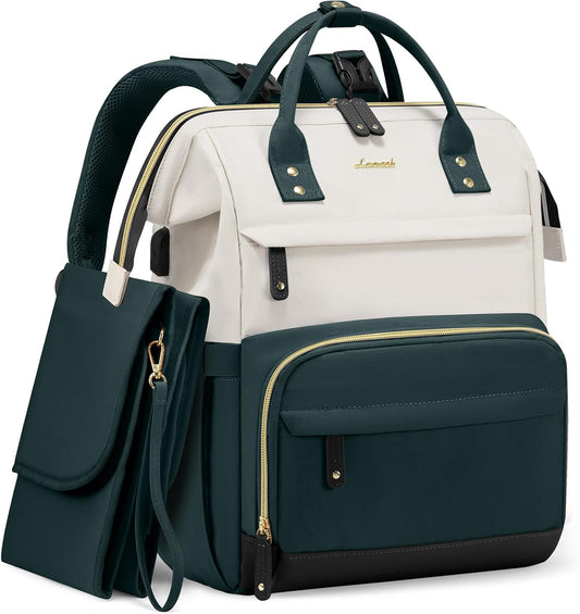 LOVEVOOK Diaper Bag Backpack, Baby Bag with Changing Station, Large Diaper Backpack for Moms Dads, Waterproof Leather Accents Baby Boy and Girl Bag for Travel Baby Essentials, Dark Green-Beige