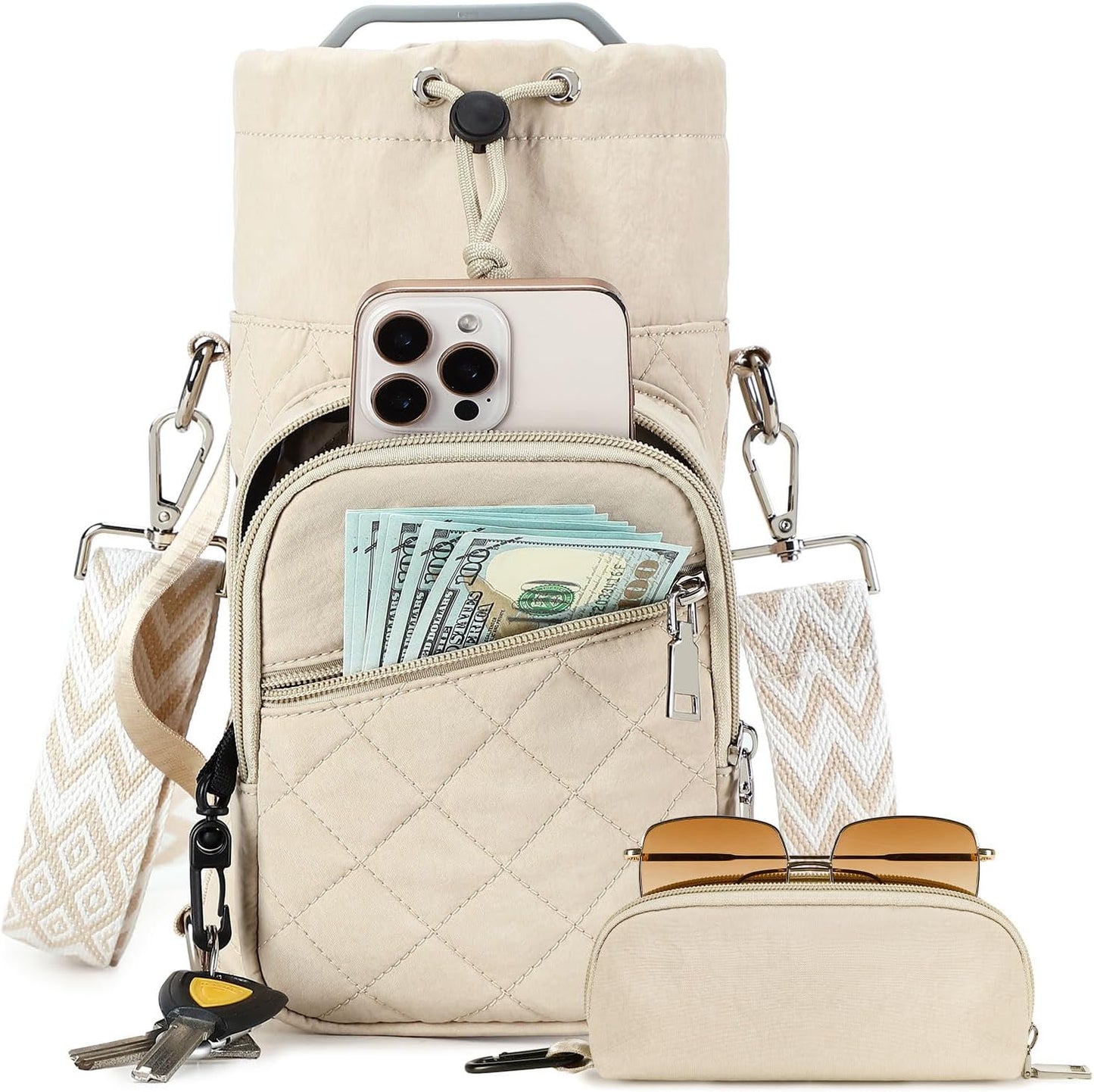 Water Bottle Carrier Bag with Strap, Water Bottle Holder Crossbody Bags for Women Men for Walking, Hiking,Cycling