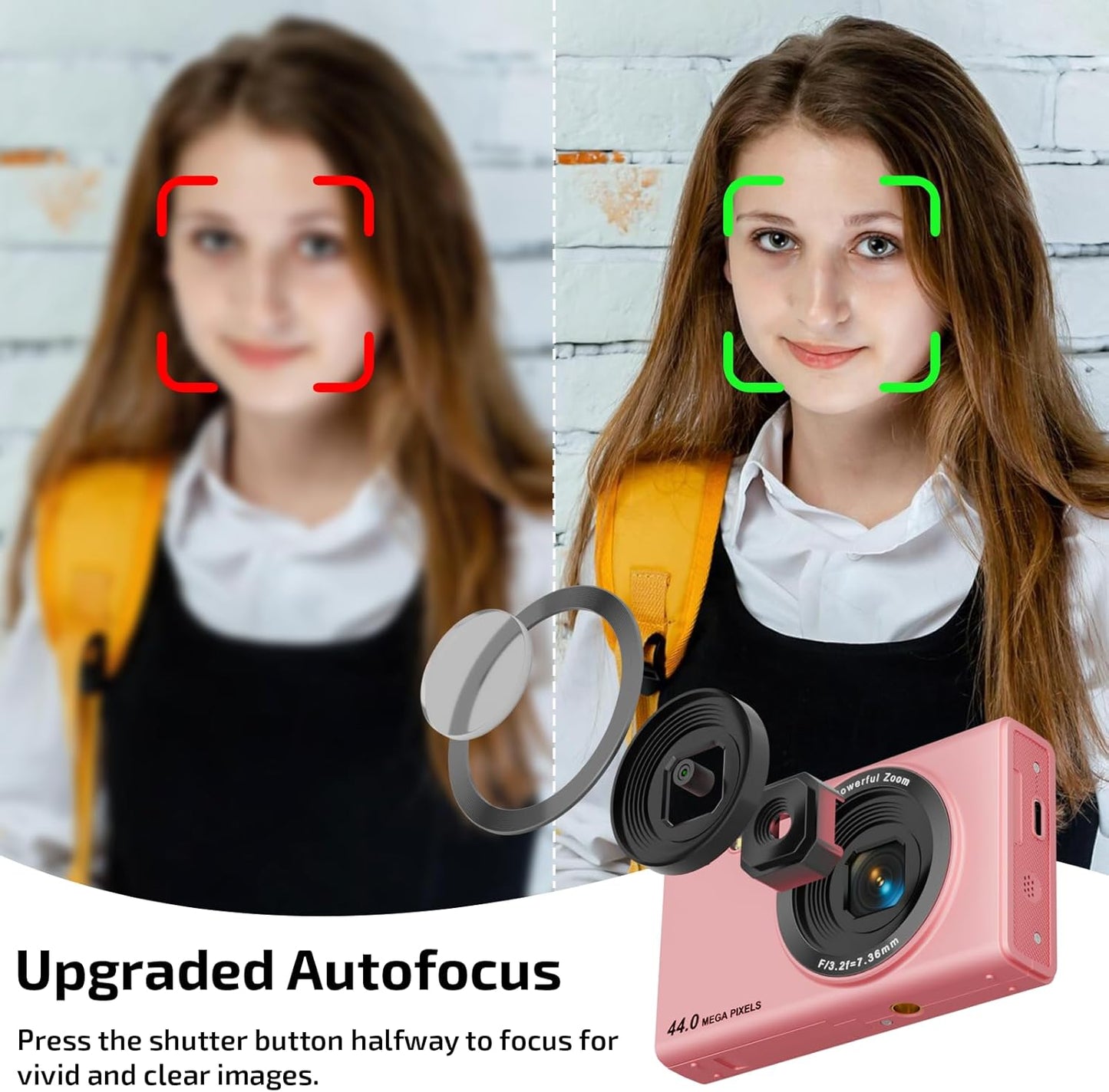 Upgrade Digital Camera, FHD 4K 44MP Autofocus Digital Point and Shoot Video Camera with 16X Zoom, 32GB SD Card, Compact Digital Camera Cheap for Teens Boys Girls Kids Pink Camera