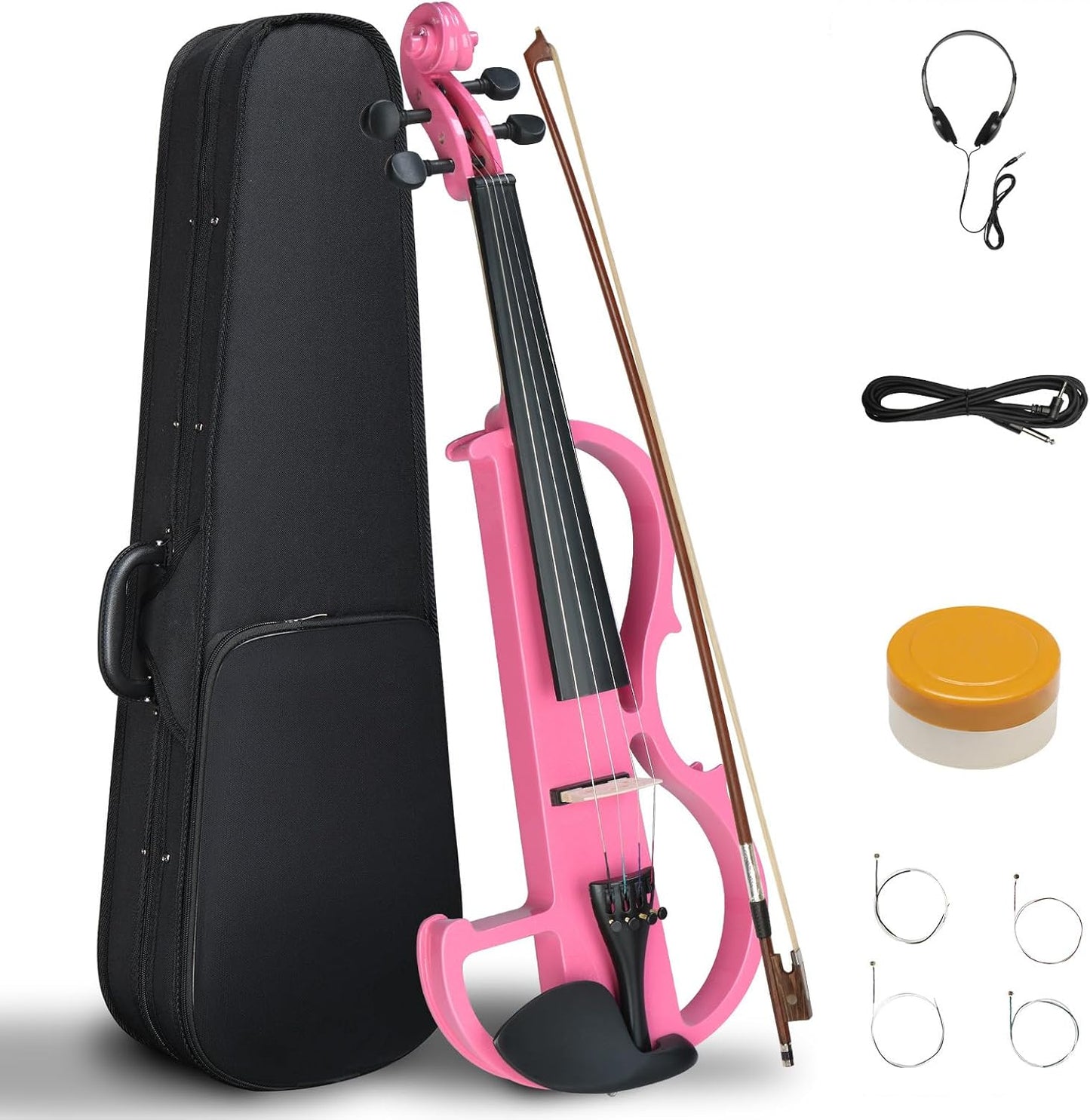 Electric Violin 4/4 Kit,Full Size Beginner Violin for Adults,Students,with Case,Bow, Rosin,Headphones,and Connecting Line,Pink