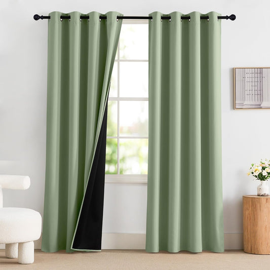 NICETOWN 100% Blackout Olive Green Curtains for Bedroom, Thermal Insulated Window Curtains 96 Inch Length 2 Panels Set, Grommet Top Drapes for Living Room, 52" W x 96" L