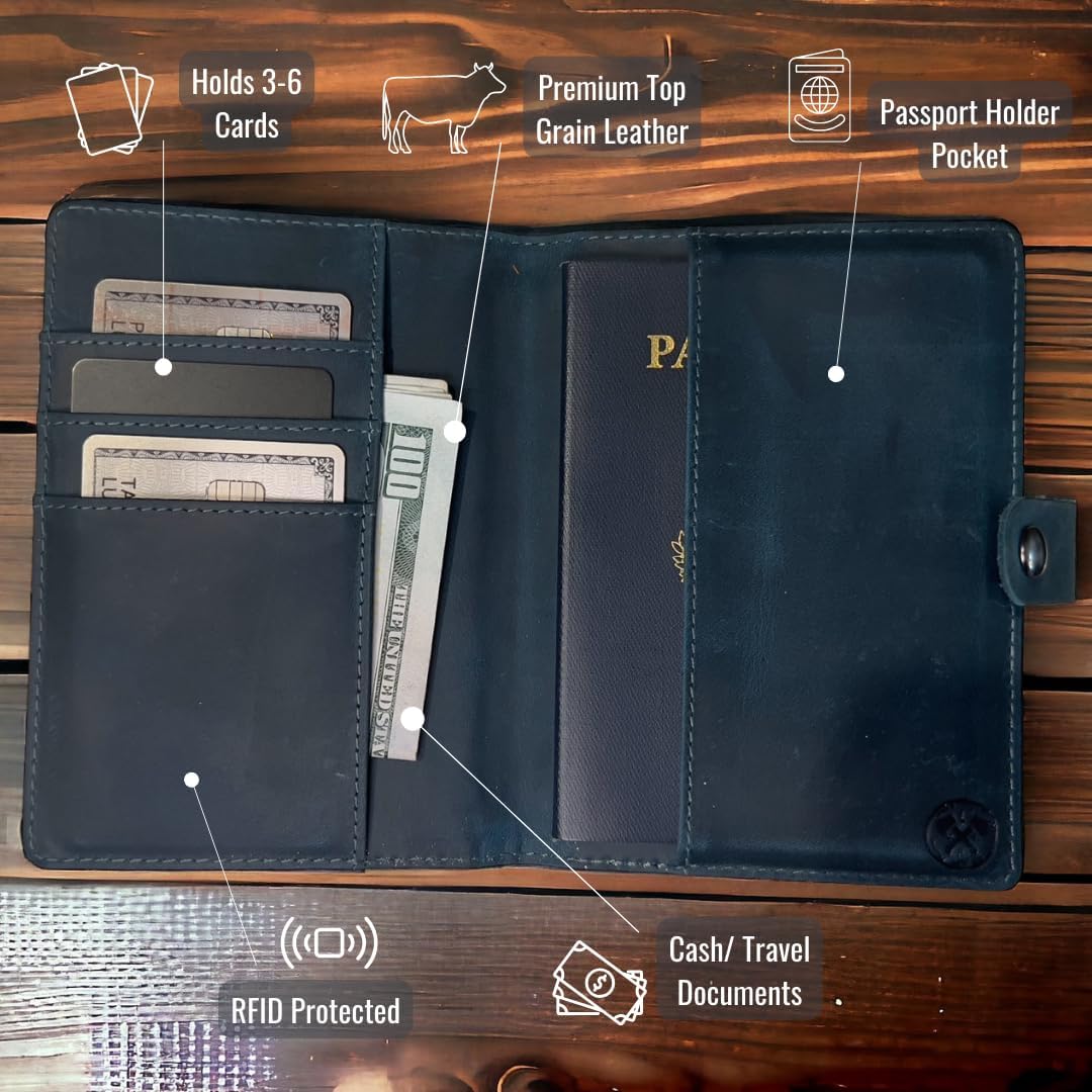 Genuine Leather AirTag and Moto Tag Passport Holder and Wallet for Men and Women RFID Blocking for Secure Traveling and Documentation Organizer (Blue)
