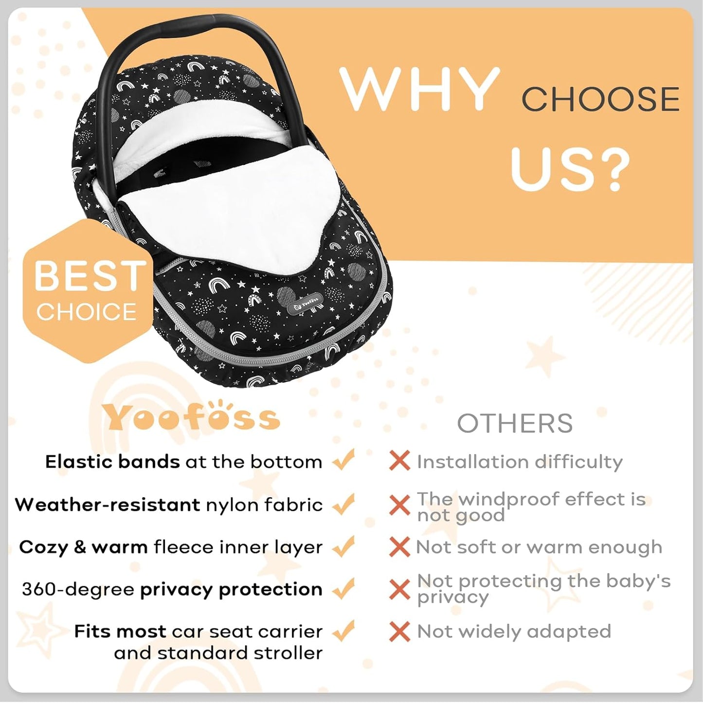 Yoofoss Baby Car Seat Cover Winter Carseat Canopies Cover to Protect Baby from Cold Wind, Super Warm Plush Fleece Baby Carrier Cover for Infant Boys Girls (Stars)