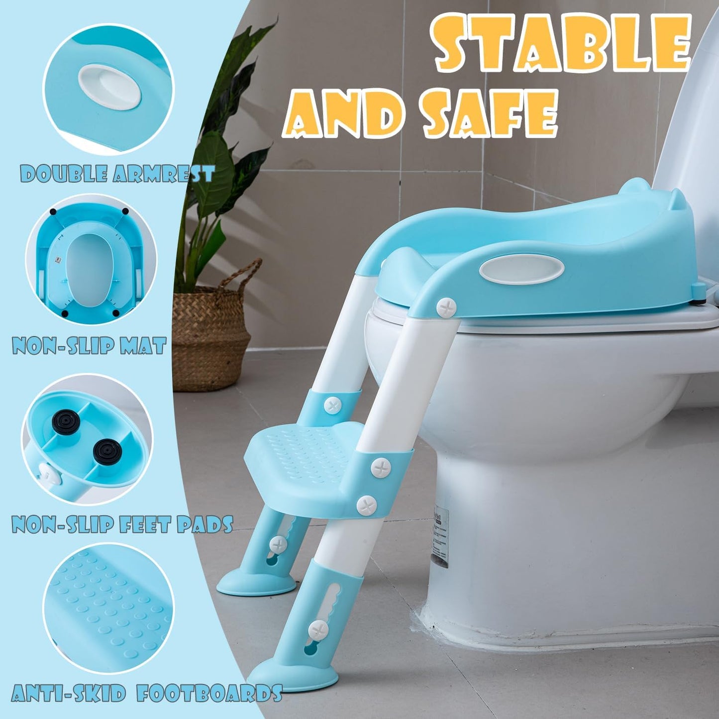 Potty Training Toilet Chair Seat with Step Stool Ladder for Kids and Toddler Boys Girls - Foldable Height Adjustable Children Toilet Training Seat with Safe Handles & Anti-Slip Pads, Blue-White
