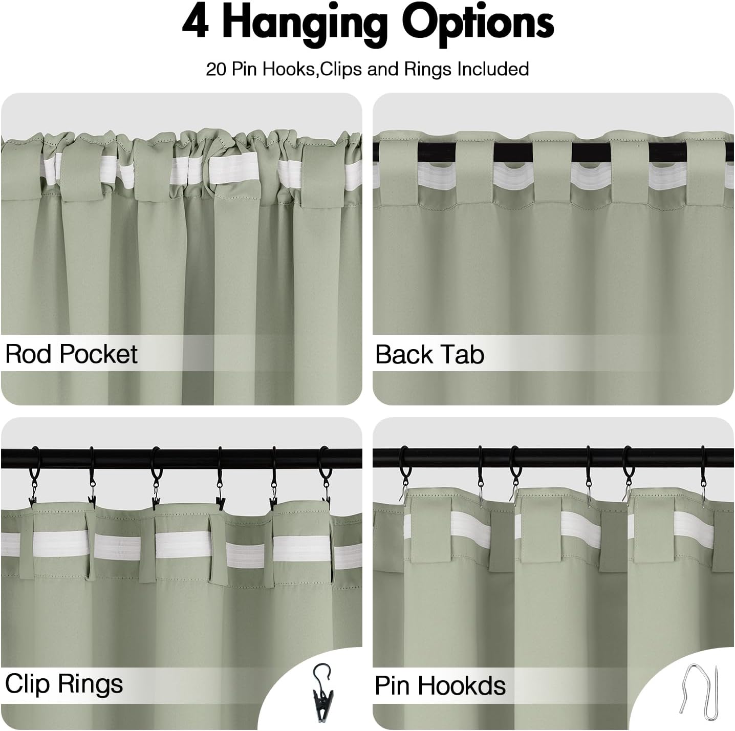 ANRODUO Back Tab Blackout Curtains for Bedroom Living Room, Rod Pocket Pinch Pleated Thermal Insulated Room Darkening Curtains 94 Inches Long 2 Panels, Sage Green, 42 x 94 Inch