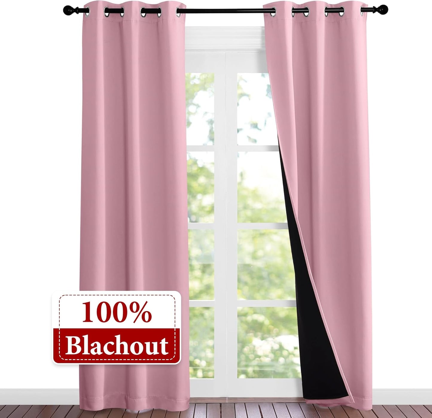 NICETOWN 100% Blackout Short Curtains with Black Liners, Solid Thermal Insulated Full Blackout 2-Layer Lined Drapes, Energy Efficiency Window Drapes for Bedroom (2 Panels, 37"W by 84"L, Crystal Pink)