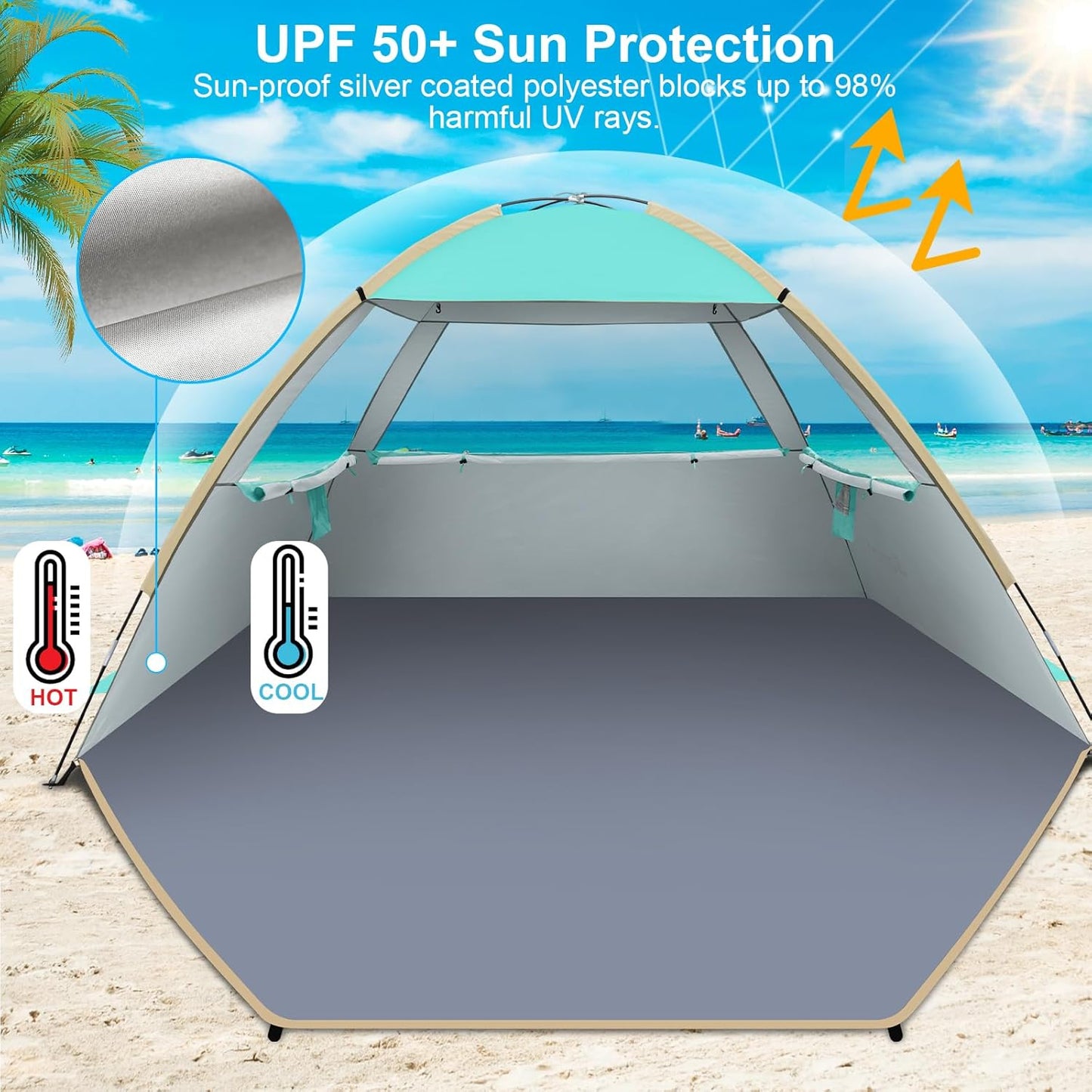 Gorich Beach Tent Sun Shelter for 3/4-5/6-7/8-10 Person with UPF 50＋ UV Protection, Lightweight & Easy Setup Beach Shade Canopy, Portable Beach Shade Tent Beach Cabana