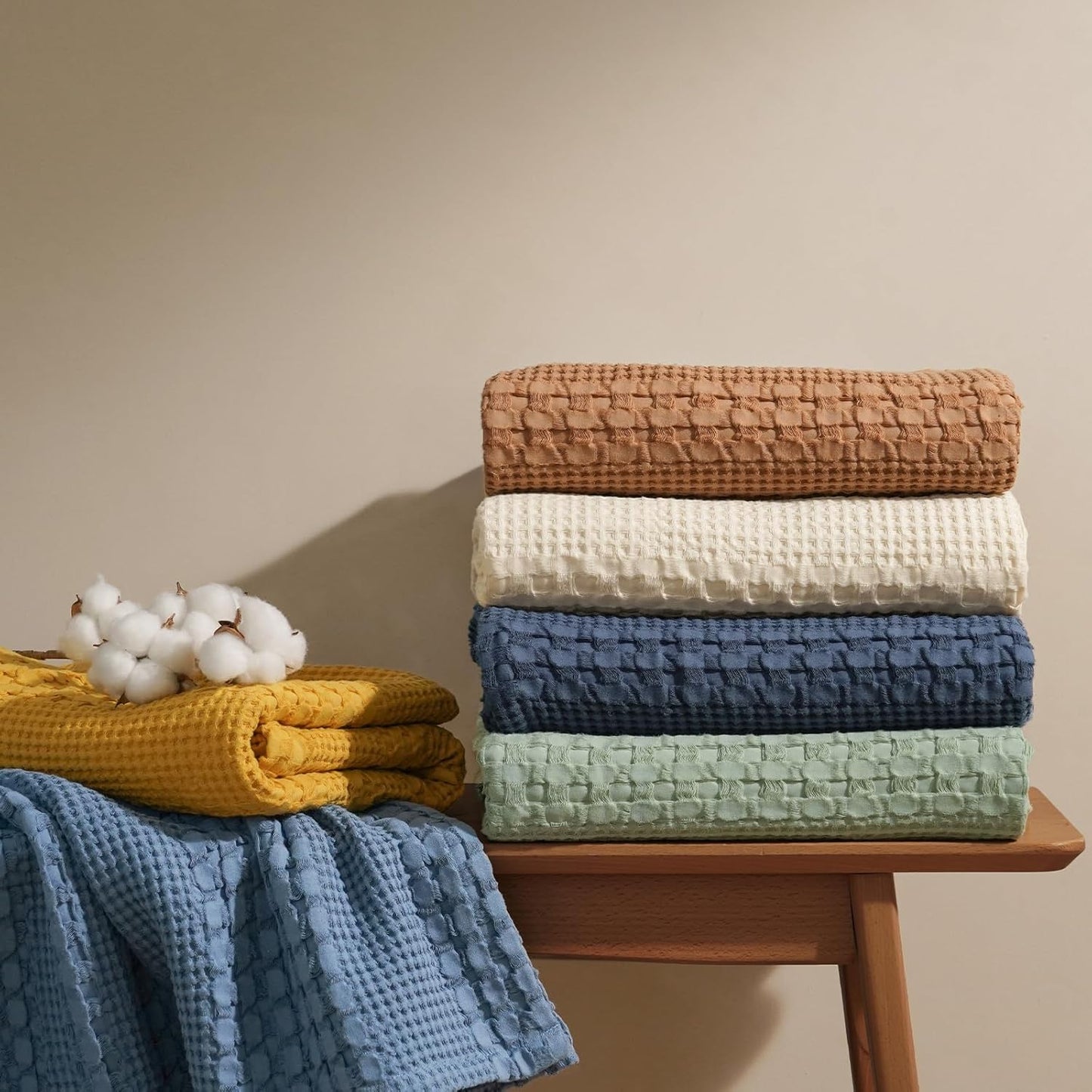 PHF 100% Cotton Waffle Weave Blanket King Size, Soft Lightweight Breathable Cozy Summer Blankets for Bed, Luxury Aesthetic Woven Bedding for Home Decor, 108"x90", Dark Navy