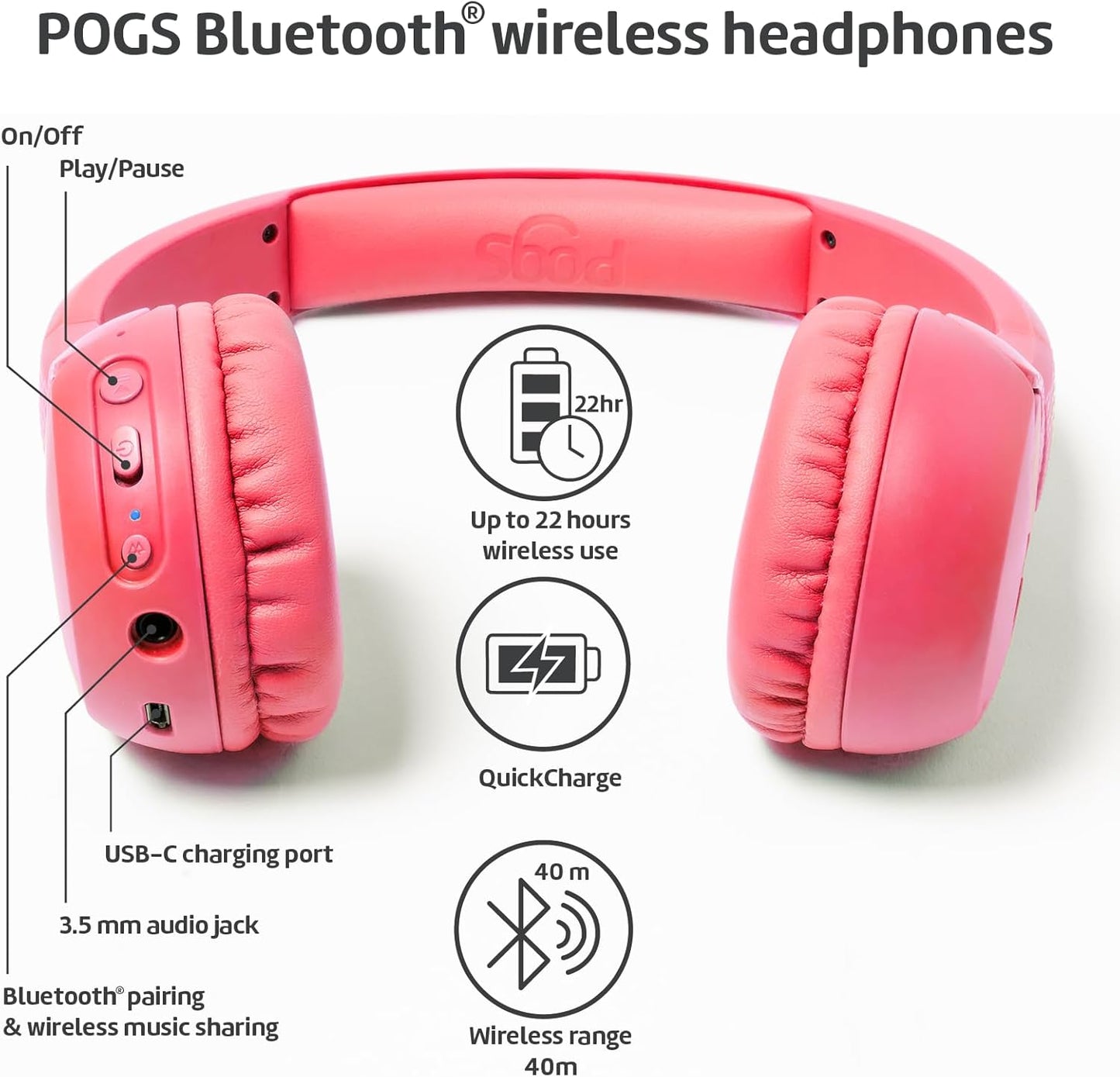 POGS Kids Bluetooth Wireless Headphones | The Gecko 2 | Foldable, Durable Headphones for Kids 3+ | Volume Limited 85 dB, Microphone | On-Ear | Wireless Music-Sharing Function (rPink)