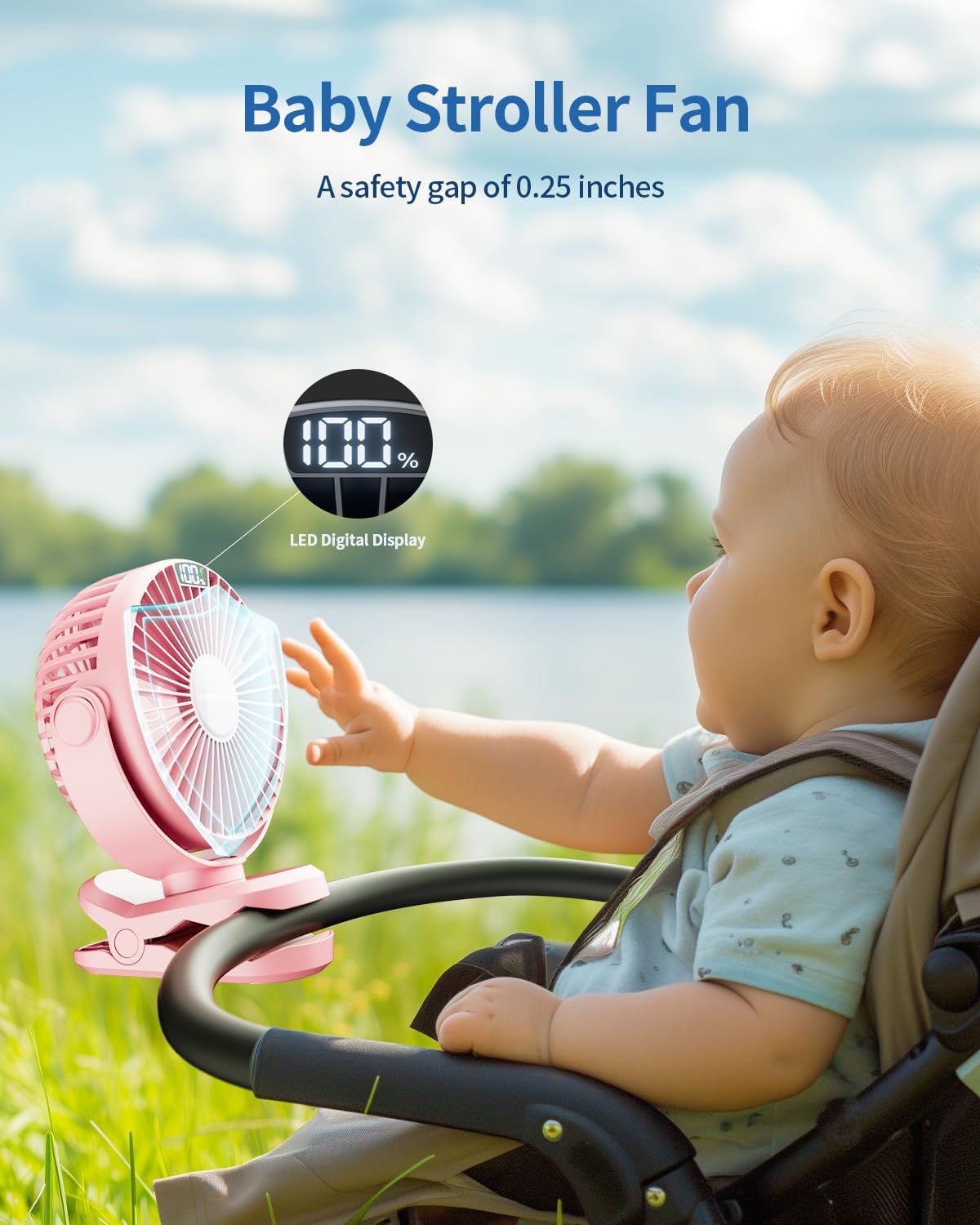 SWEETFULL Portable Clip on Fan - Battery Operated Stroller Fan, 4000mAh Small Rechargeable Fans with LED Display, 4 Speeds, Mini Personal Cooling Desk Cooler for Golf Cart Travel Camping Gym (Pink)
