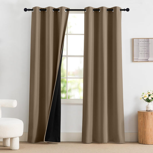 NICETOWN 100% Blackout Curtains for Bedroom 84 inch Long Thermal Insulated Blackout Curtains for Living Room, Energy Saving Grommet Drapes for Patio Door (1 Pair, Khaki, 42W x 84L)