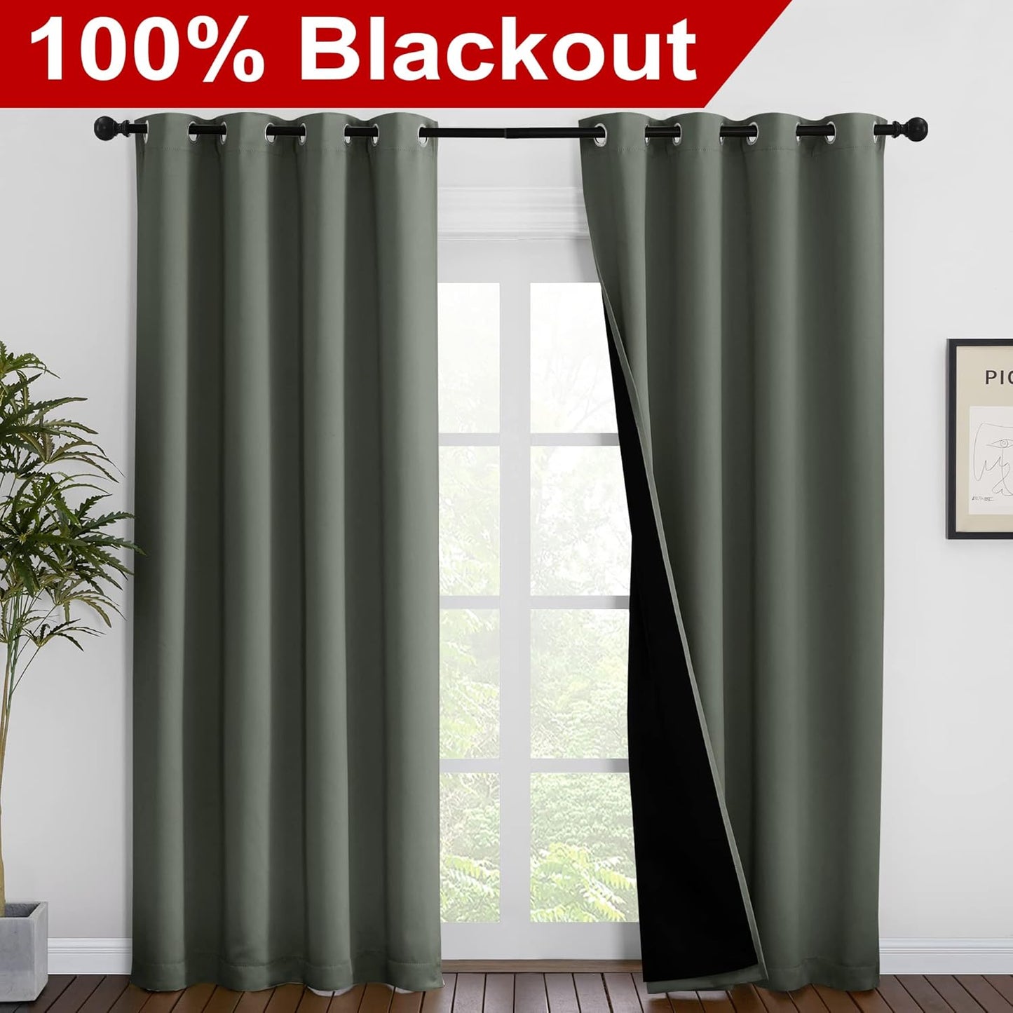 NICETOWN 100% Blackout Curtains 86 inches Long, Pair of Energy Smart & Noise Blocking Out Drapes for Baby Room Window, Thermal Insulated Guest Room Lined Window Dressing(Dark Mallard, 55 inches Wide)