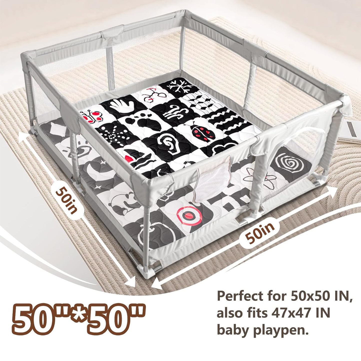 Baby Play Mats for Floor, Upgraded Thick Soft 50x50 Playpen Mat, Anti-Slip Bottom, Foldable and Machine Washable Playmat for Babies and Toddlers Infants(High Contrast)