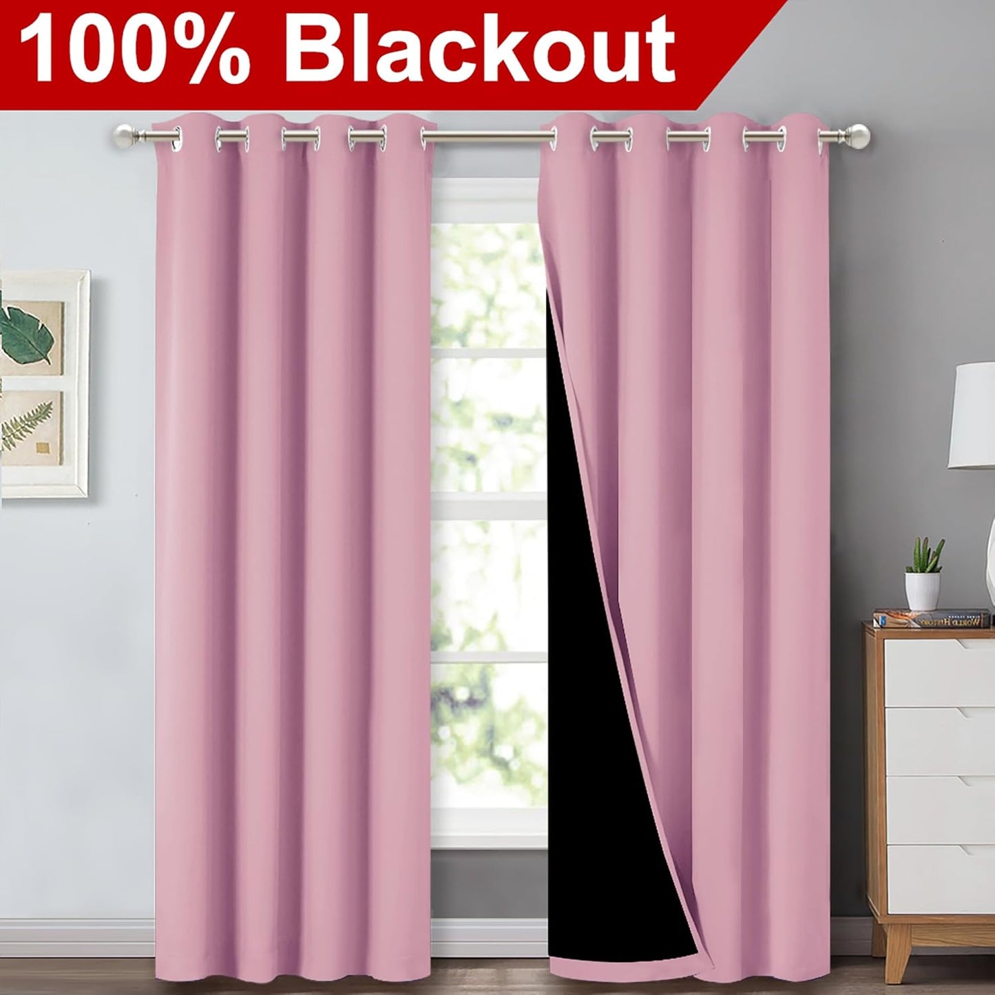 NICETOWN Full Shading Curtains 90" Long 2 Panels Set for Windows, Super Heavy-Duty Black Lined Blackout Curtains for Bedroom, Privacy Assured Window Treatment (Crystal Pink, Pack of 2, 52" W)