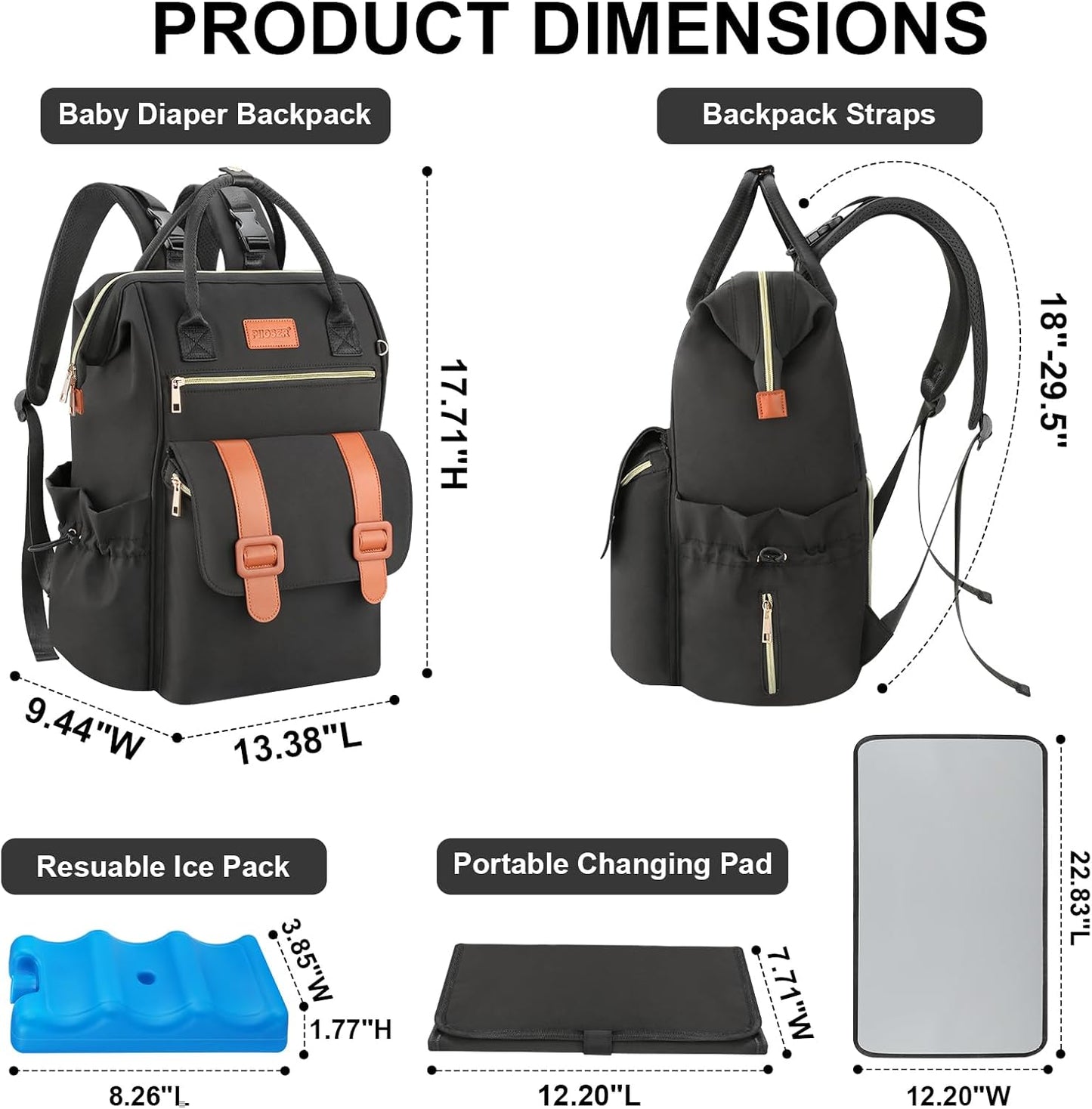 PIIOSER Diaper Bag Tote with Ice Pack, Large Capacity & Waterproof Diaper Bag Backpack for Moms Dads, Insulated Baby Tote Bag with Changing Pad, Stroller Straps & Pacifier Case, Black