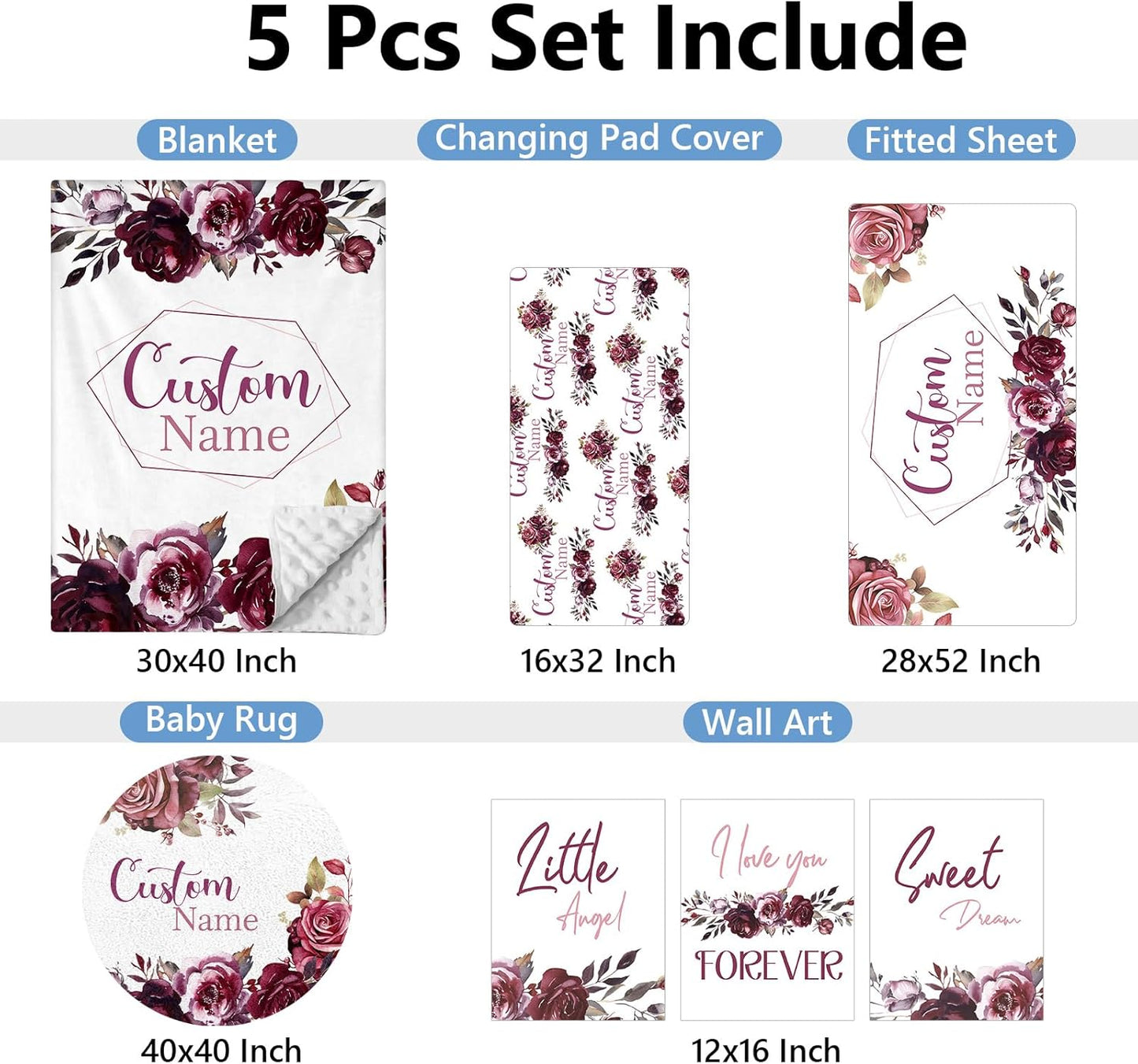 Personalized Crib Bedding Set for Girls, 5 Pcs Nursery Bedding Crib Sets, Soft Custom Flowers Baby Crib Set with Name, Double Layer Baby Bedding Set Customized Gifts for Infants Toddlers Kids