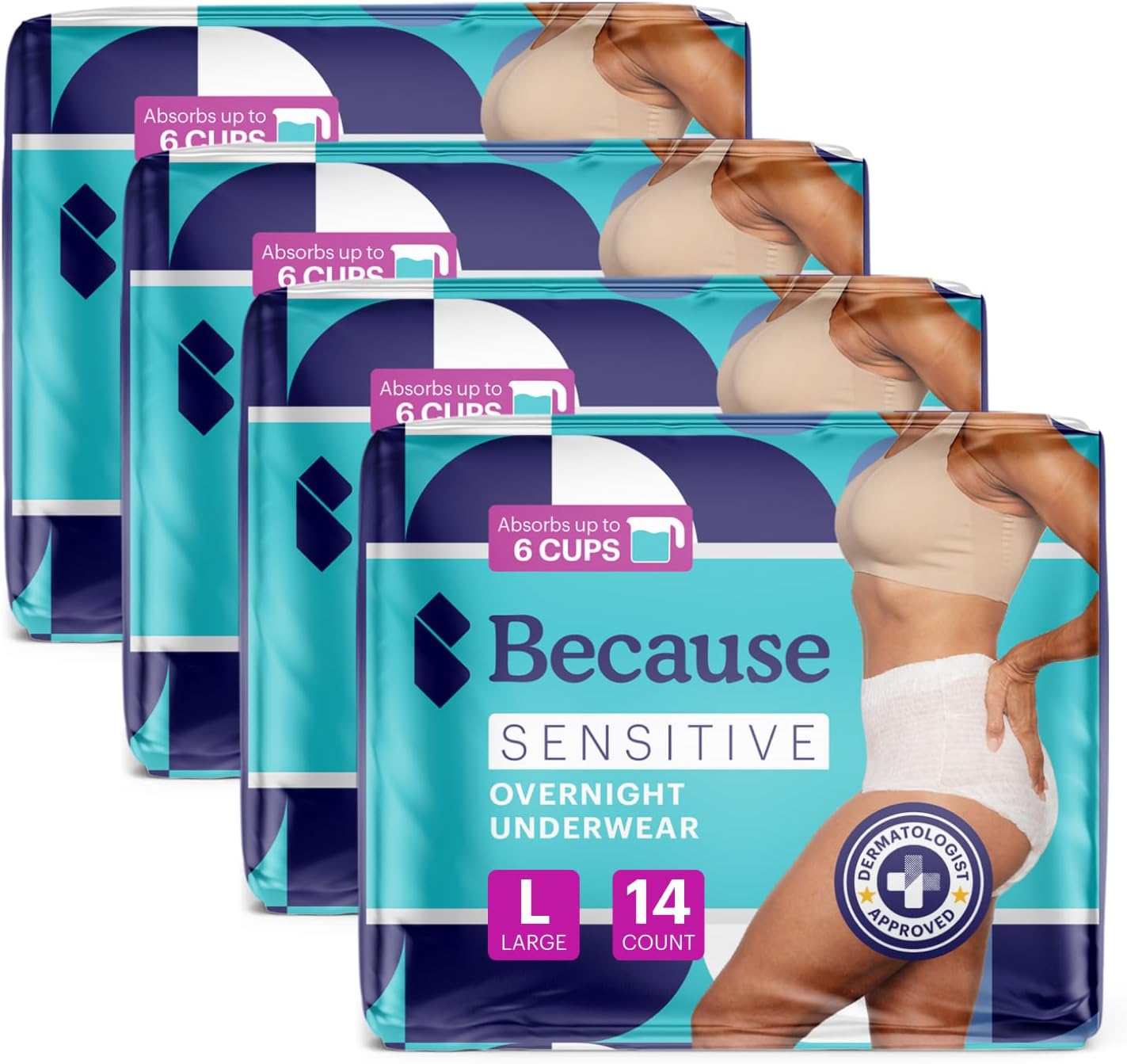 Because Adult Incontinence Underwear for Sensitive Skin - Women - Premium Overnight Disposable Briefs, Anti Odor - White, Large - Absorbs 6 Cups - 56 Count (4 Packs of 14)