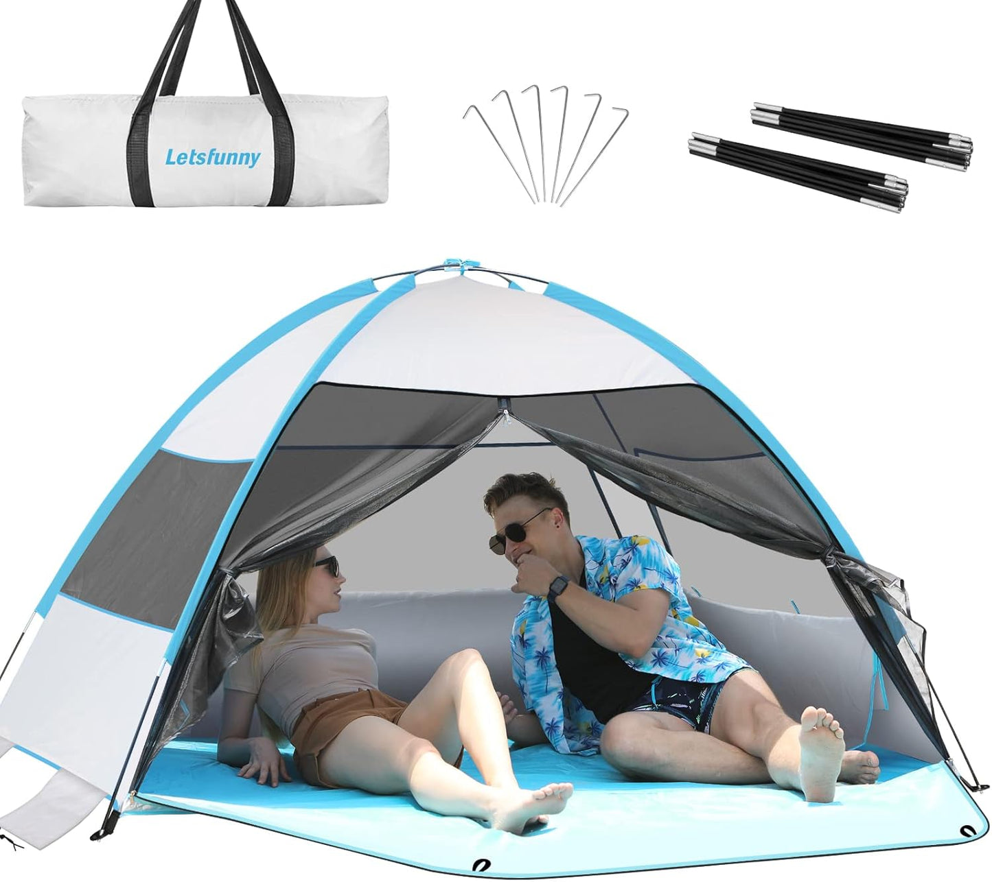 Large Easy Setup Beach Tent,Anti-UV Beach Shade Beach Canopy Tent Sun Shade with Extended Floor & 3 Mesh Roll Up Windows Fits 3-4 Person,Portable Shade Tent for Outdoor Camping Fishing