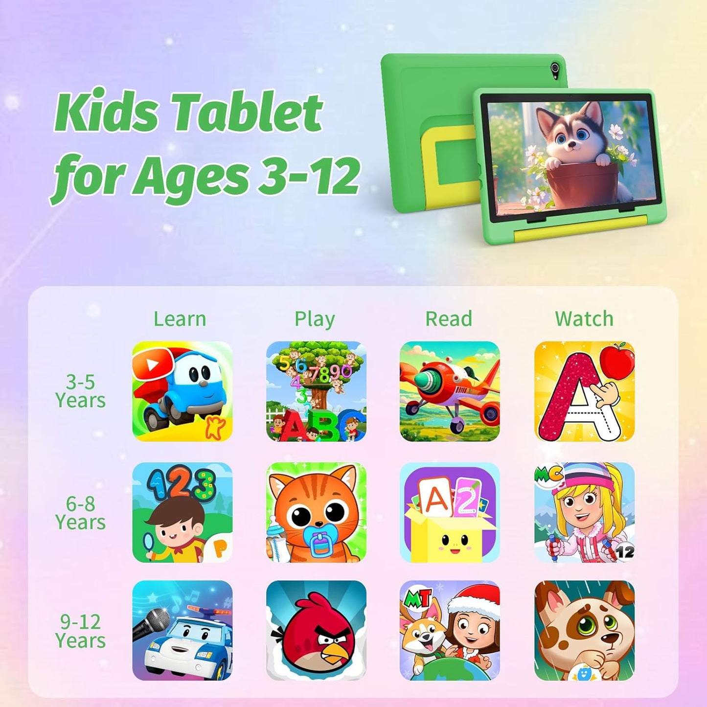 Kids Tablet 10 Inch Android 14 Tablet for Kids Ages 3-12, Octa-Core with Case, Parental Controls,14GB+64GB Storage (TF Expand 1TB), 5G WiFi, BT5.3, Green