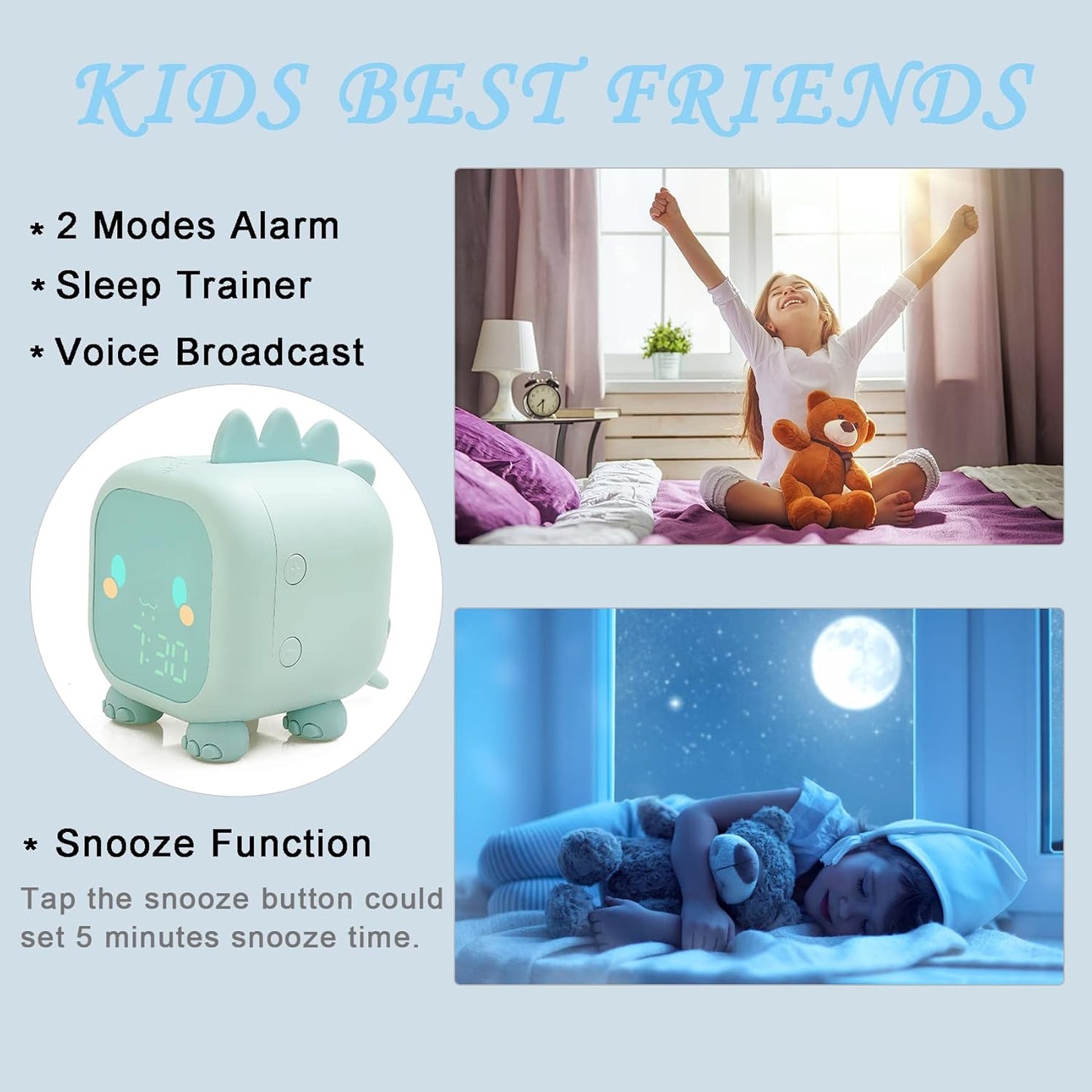 Kids Alarm Clock Girls Green Dinosaur Alarm Clocks with Night Light Bluetooth Digital Alarm Clock for Kids Girls Children