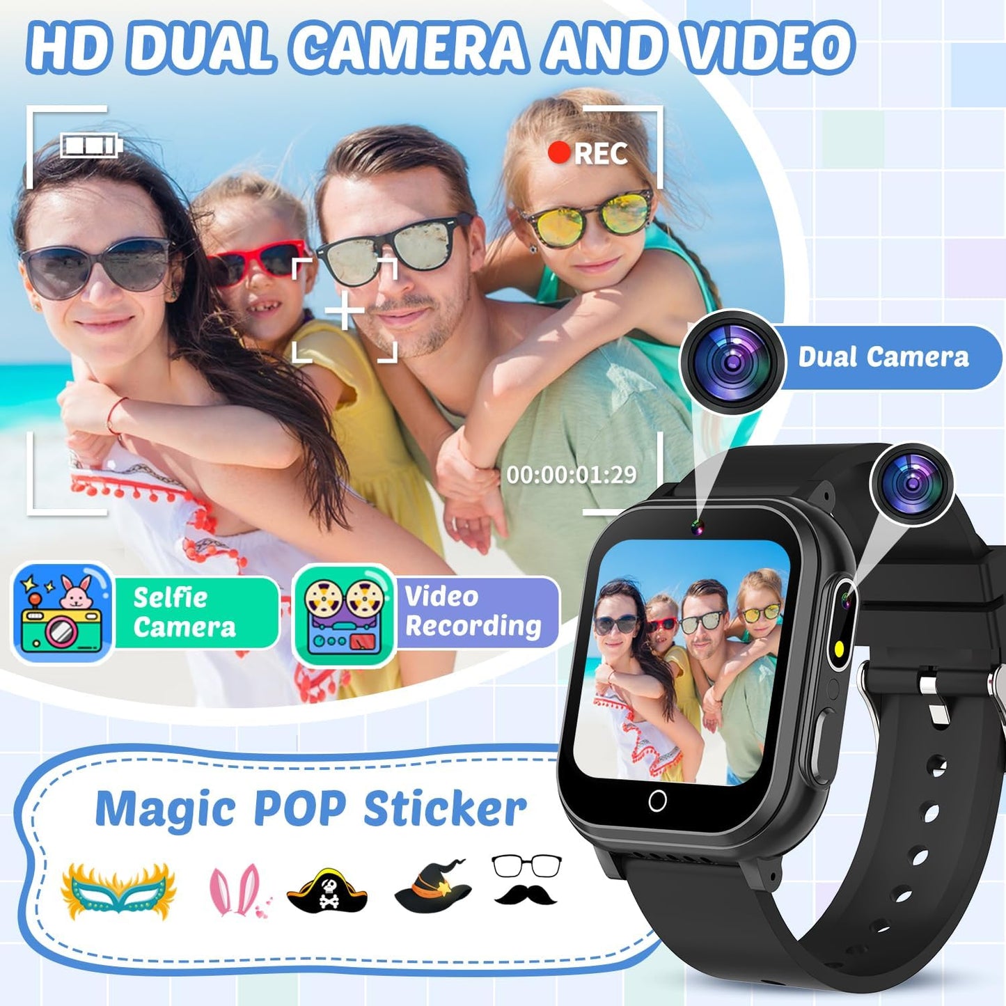 Waterproof Smart Watch for Kids with 32 Games Dual Camera Video Habit Tracking Music Player Pedometer Screen Protectors Lanyard, HD Touchscreen Kids Smart Watch Toy Birthday Gift for 3-12 Year Old
