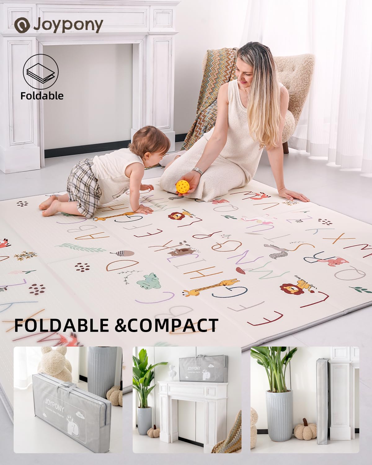 Baby Play Mat 71x79 Inch, 2 in 1 Fabric & XPE Dual-Sided Design Foldable Play Mats for Babies and Toddlers, Waterproof & Anti-Slip Baby Mat for Floor, Portable Baby Foam Crawling Mat with Travel Bag