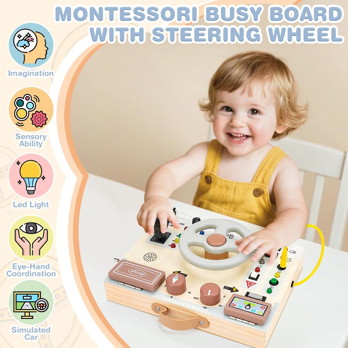 Joyreal Montessori Toddler Busy Board - Montessori Toys for 1 2 3 Years Old, Wooden Sensory Board with LED Lights, Steering Wheel, Music Player, Travel Toys for 1+ Year Old Boy & Girl Birthday Gift