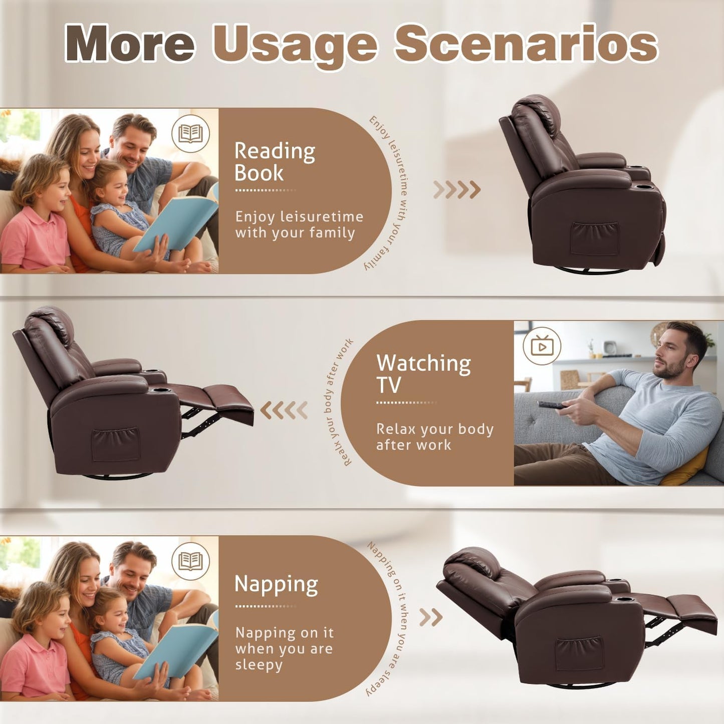 Recliner Chair, 360° Swivel Rocker Chair for Adults, Rocking Recliner Chair with Massage, Comfy Single Sofa with Side Pockets Cup Holders for Living Room, Bedroom, Nursery (Leather, Dark Brown)