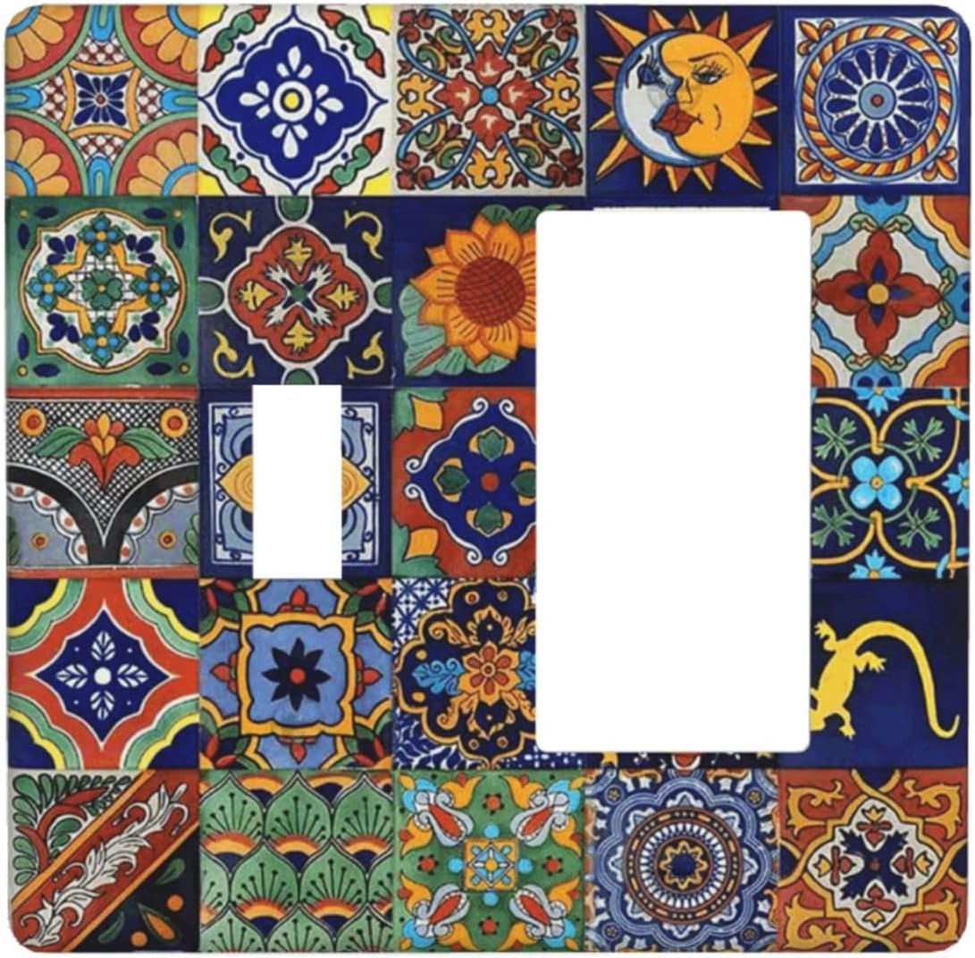 Talavera Mexican Tiles Traditional Color Decoration Print Outlet Covers 1 Toggle 1 Rocker Combination Decorative Wall Plate Electrical Switch Plates Light Switch Cover Plate for Kitchen Bathroom Decor