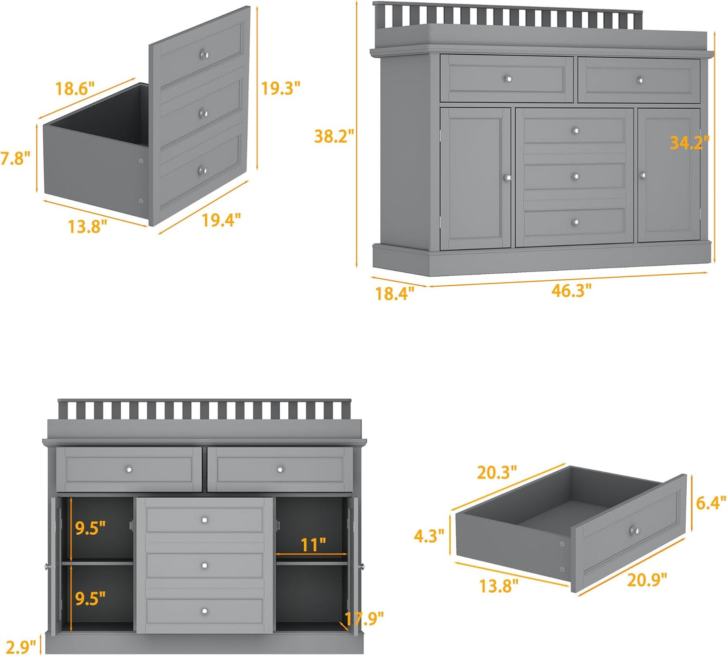 Nursery Dresser with Changing Table Top, 46"W Baby Dresser with 2 Drawers, Laundry Basket & Raised Guard, Infant Diaper Changing Storage Organize Station for Nursery and Baby Bedroom, Grey