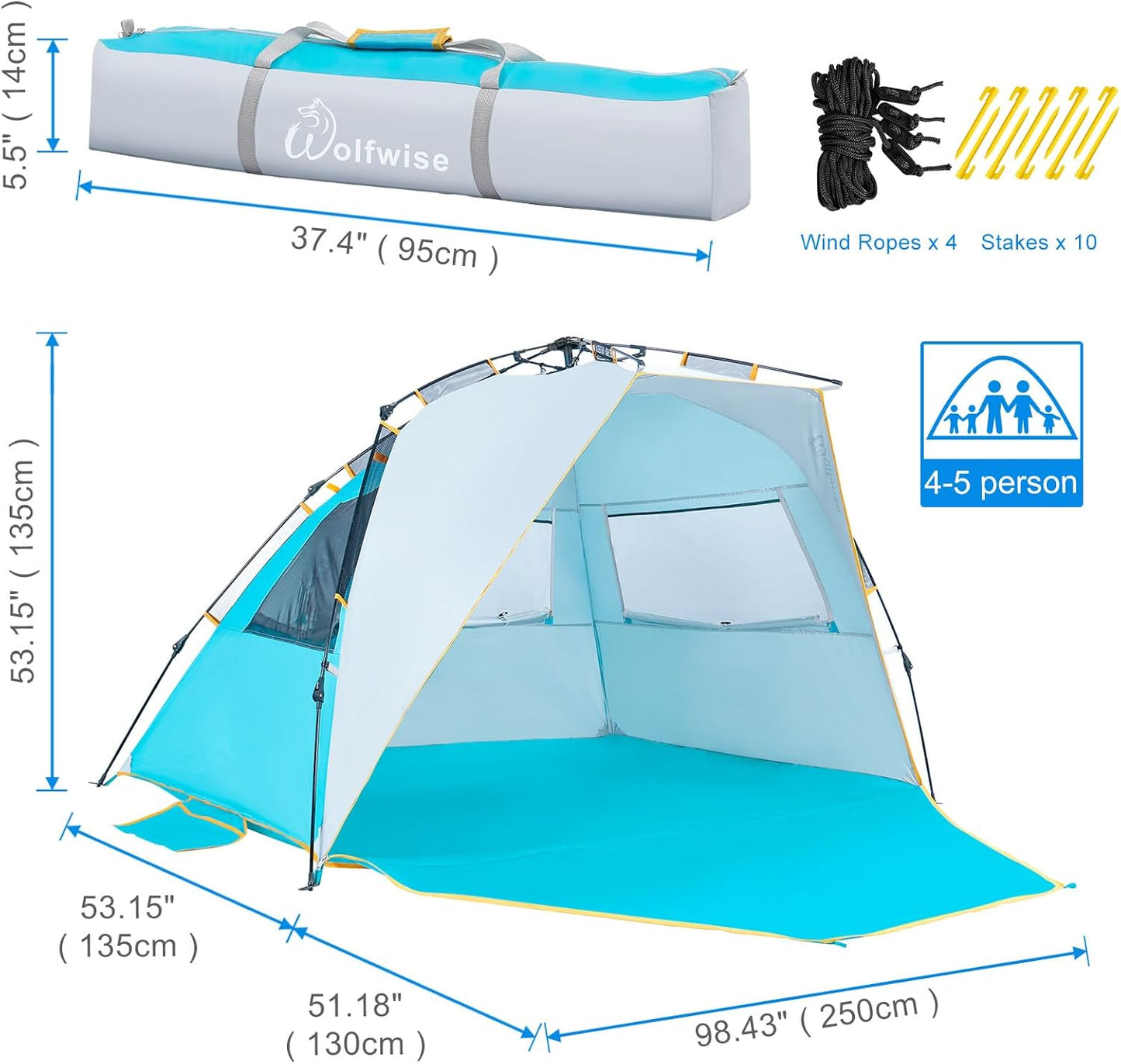 WolfWise 4-5 Person Easy Up Beach Tent UPF 50+ Portable Instant Sun Shelter Canopy Umbrella with Extended Zippered Porch, Blue