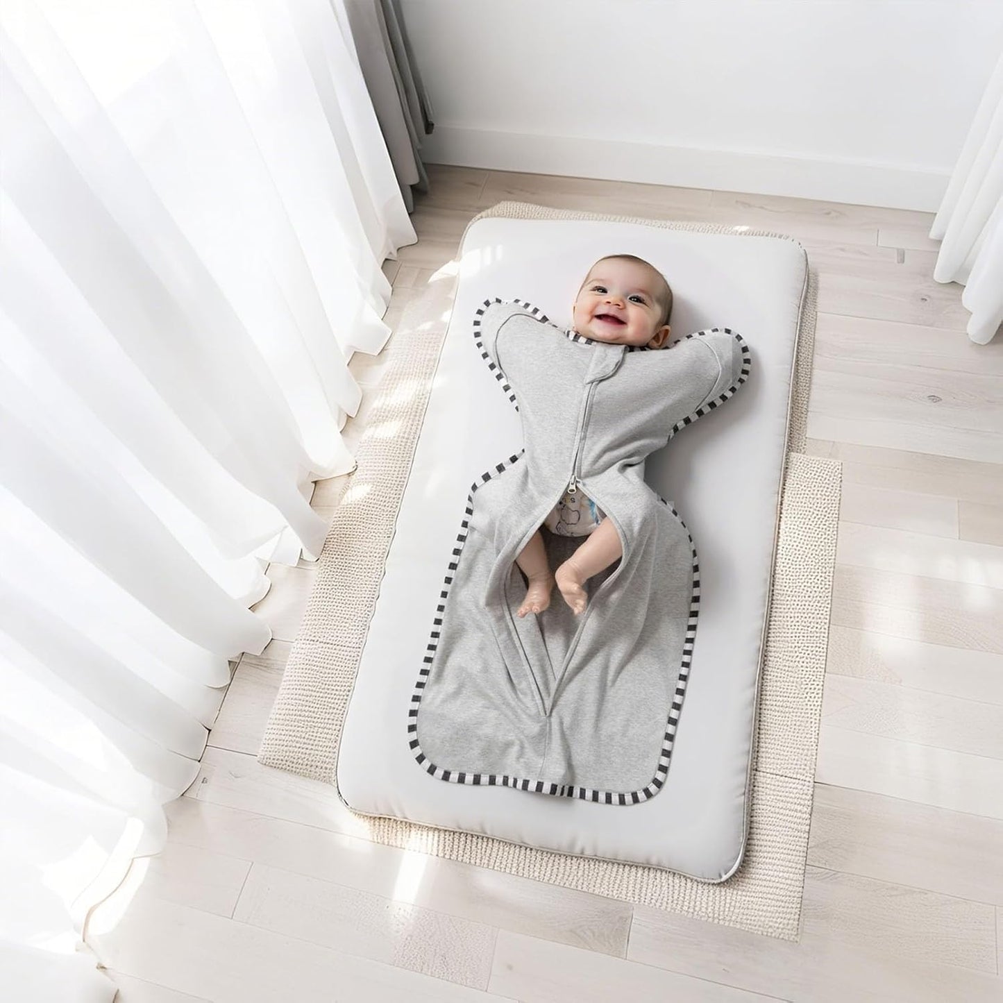 Transition Swaddle, 2 Pack 100% Cotton Baby Sleep Sack, 2-Way Zipper Infant Arm Up Swaddle for Newborn Baby Boys Girls (Light Grey + Estate Blue, M(3-6 Months))