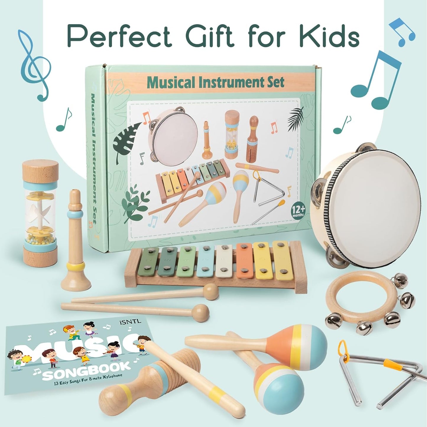 Baby Musical Instruments - Wooden Montessori Toys for Toddlers 1-3,Modern Boho Xylophone Includes Songbook with 13 Kids' Songs,Neutral Colors Wooden Percussion Instruments Set