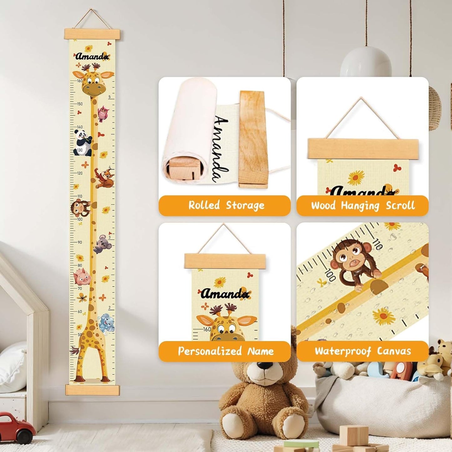 Customize Name Growth Chart Wall, Funny Giraffe Premium Canvas Removable Height Chart for Kids, Height Measurement for Wall, Unisex Kids Room Wall Decor, Measuring Height Charts