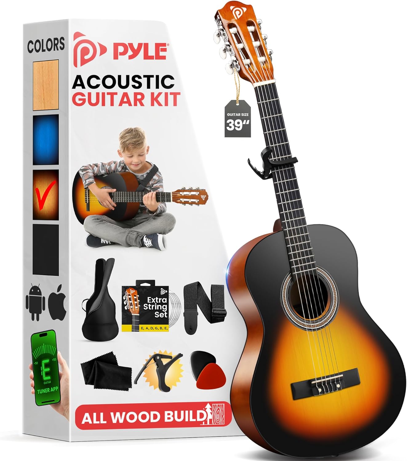 Pyle Beginner Acoustic Guitar Kit, 4/4 Full Size All Wood Build Nylon String Instrument with Capo, Gig Bag, Strap, Extra String Set, Guitars for Beginners Adults Youth, 39" Sunburst Teardrop Gloss