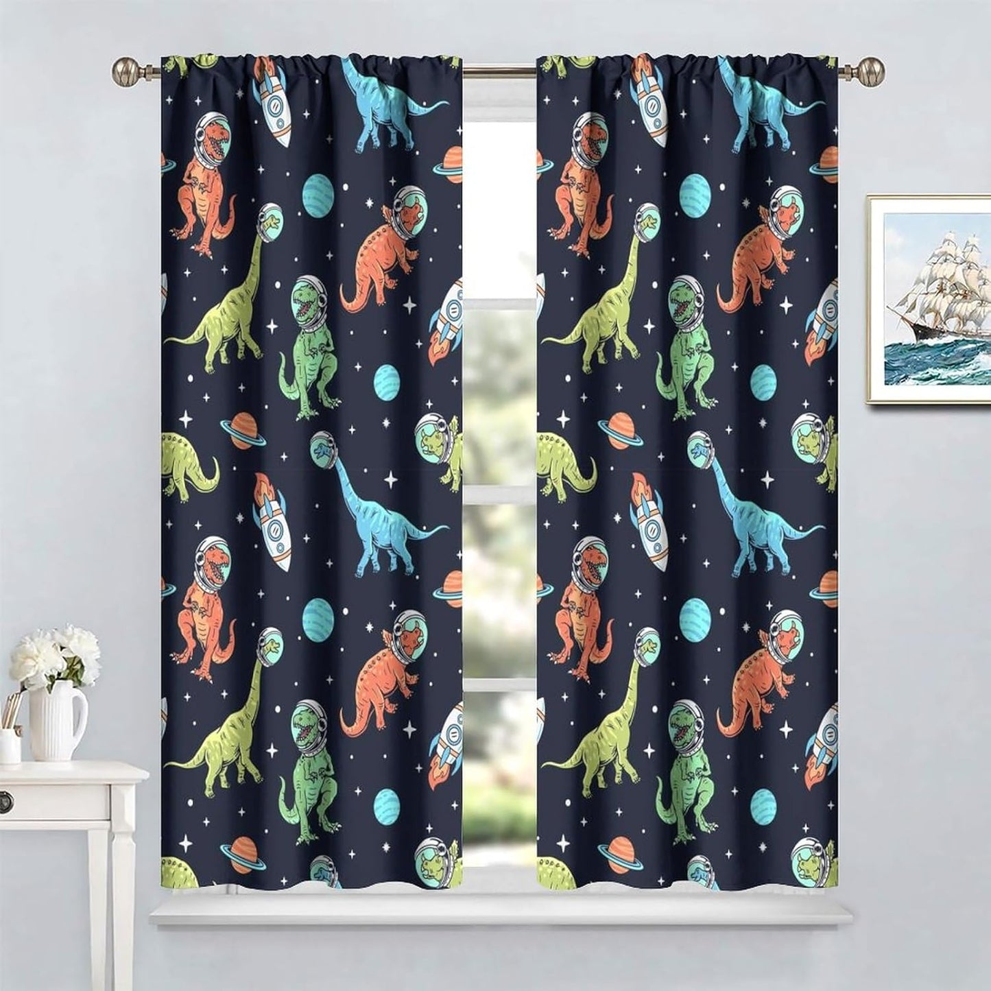 Cartoon Dinosaur Curtains for Kids Boys Girls Home Decor, Astronaut Rocket Funny Outer Space Blackout Rod Pocket Window Drapes for Bedroom Living Room W21xL63in 2 Panels