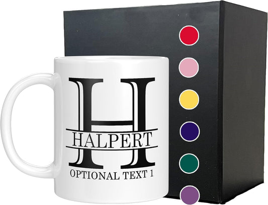 Personalized Monogram Ceramic White 11oz Coffee Mug with Custom Text and Name Initials, Halpert, DYE Taza para Cafe Personalizadas, Customized with Back Options, Custom Gifts Men, Gifts for Women