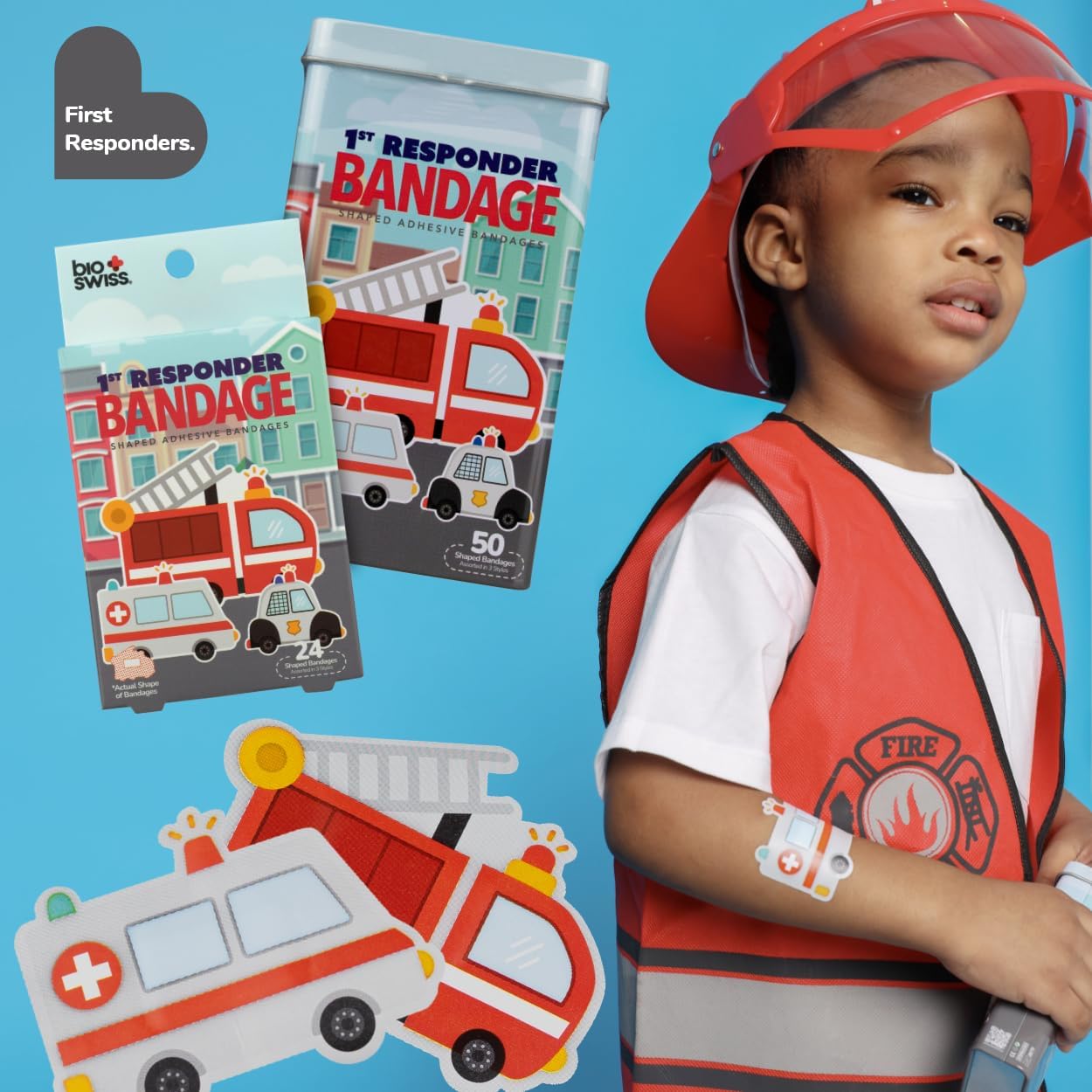 BioSwiss Bandages, First Responders Shaped Self Adhesive Bandage, Latex Free Sterile Wound Care, Fun First Aid Kit Supplies for Kids and Adults, 24 Count