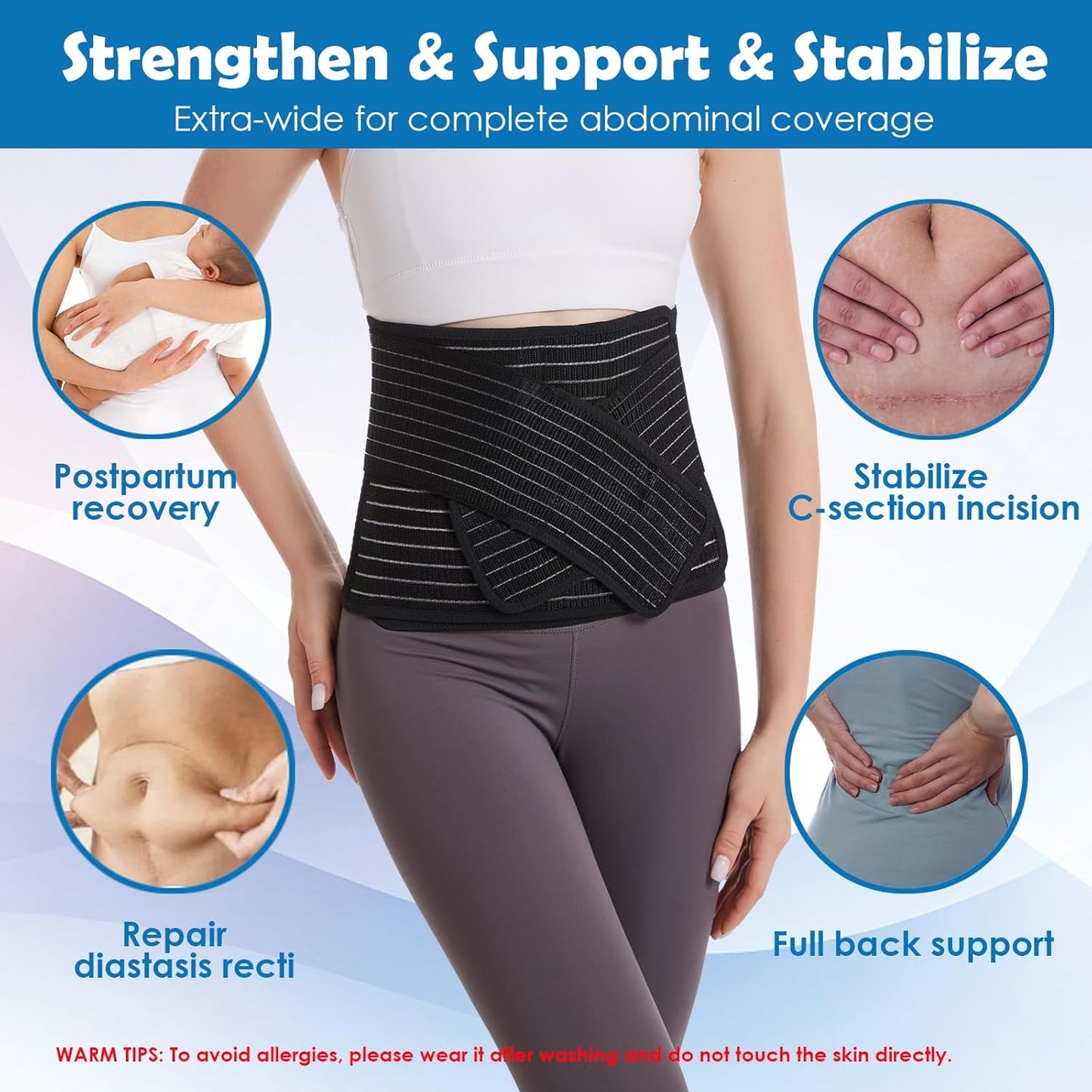 Paskyee Postpartum Belly Band, Abdominal Binder Post Surgery Belly Wrap, C Section Recovery Must Haves, Girdle for Postnatal Care, Waist/Pelvis Belt for Back Pain Relief Black L/XL