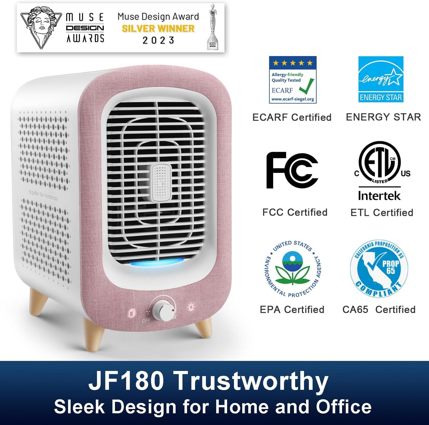 Jafanda Air Purifier for Home Bedroom 780sq ft, HEPA & Activated Carbon, Air Cleaner with Fragrance Sponge & Nightlight for Smoke, Allergies, Dust, Odor, VOC, Pet Dander, Pollen, Office, Desktop, Pink