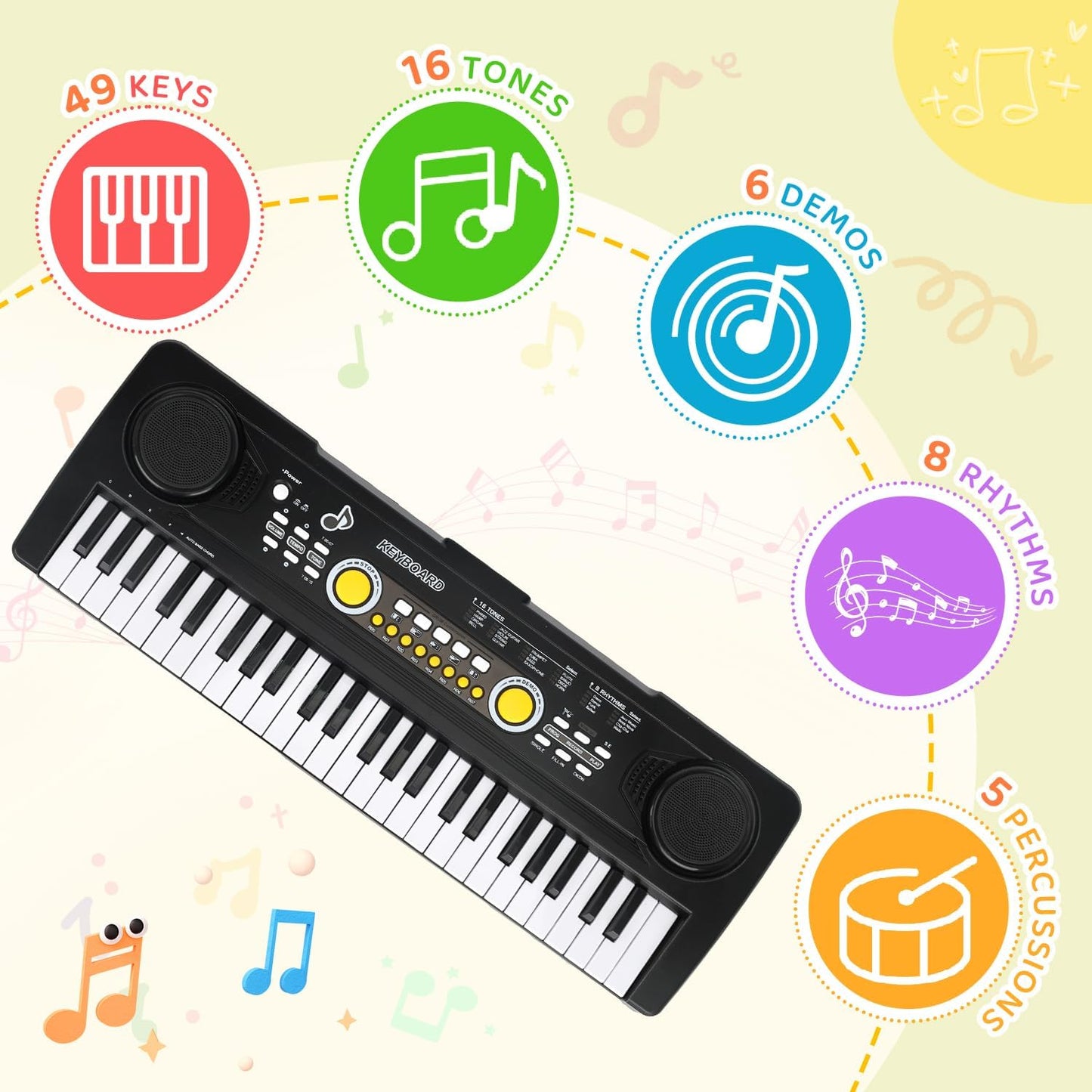 Kids Piano Keyboard Toy with Mic – 49 Keys Portable Electronic Piano for 3 4 5 6 7 Girls Boys Beginners Birthday Xmas Gifts, Black